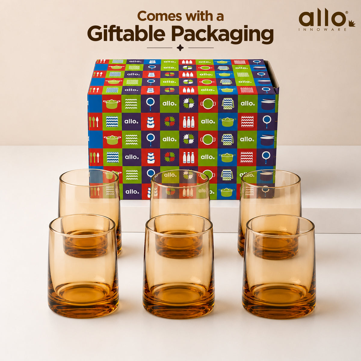 Allo Premium Glass Set Of 6, 260 ml, Latest Design Glasses For Water, Juice, Whisky, Cold Drink | Lead Free | Perfect For Home & Parties, Gift Set Packaging | Thick Base Amber Glass