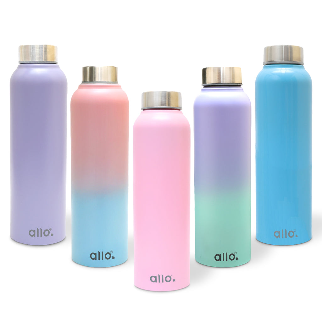 Allo Stainless Steel Water Bottle For Adults, Kids 1 Litre Water Bottles For School, Office, Sports, Gym 1L Water Bottle For Men And Women, Pack Of 5 | Leak Proof, Bpa Free, Multicolor Plain Cap