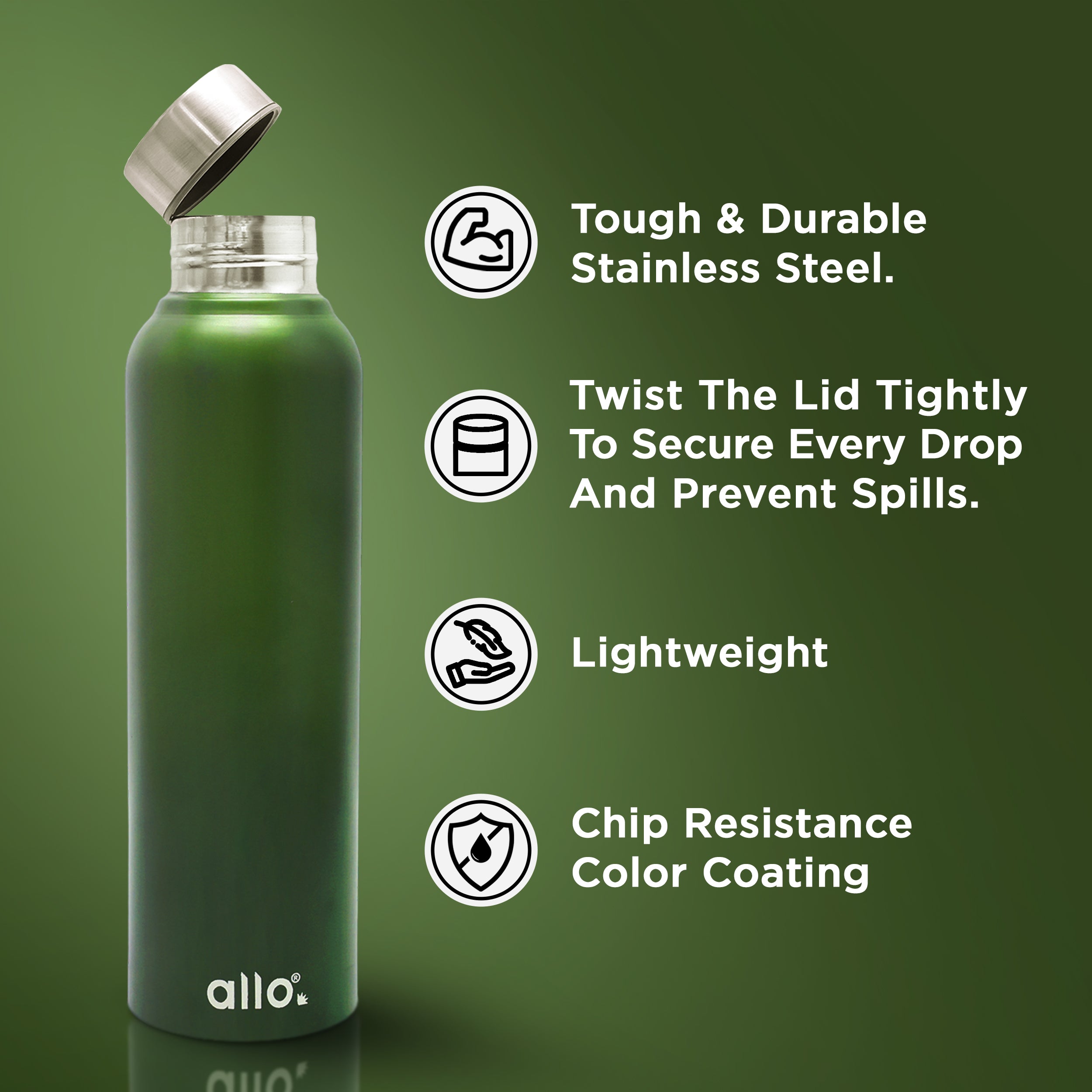 Allo Stainless Steel Water Bottle For Adults, Kids 1 Litre Water Bottles For School, Office, Sports, Gym 1L Water Bottle For Men And Women, Pack Of 2 | Leak Proof, Bpa Free, Olive & Lavender Steel Cap
