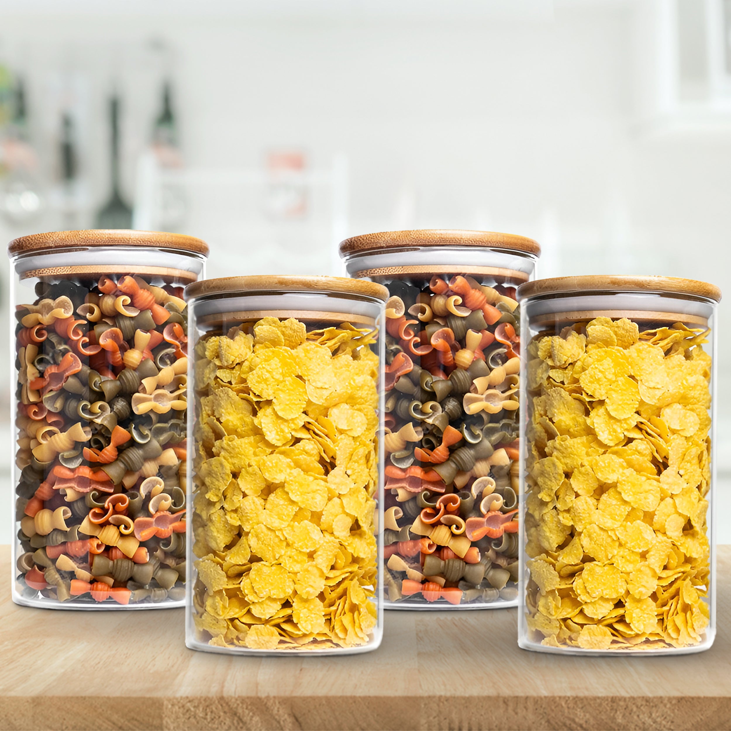 Allo 600ML Kitchen Storage Box Glass Jars With Wooden Lids - Borosilicate Glass Food Storage Containers Airtight Glass Jar for Tea, Coffee, Spice, Pulses, Masala (Round Glass Jar - Set of 4)