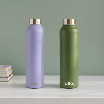 Allo Stainless Steel Water Bottle For Adults, Kids 1 Litre Water Bottles For School, Office, Sports, Gym 1L Water Bottle For Men And Women, Pack Of 2 | Leak Proof, Bpa Free, Olive & Lavender Steel Cap