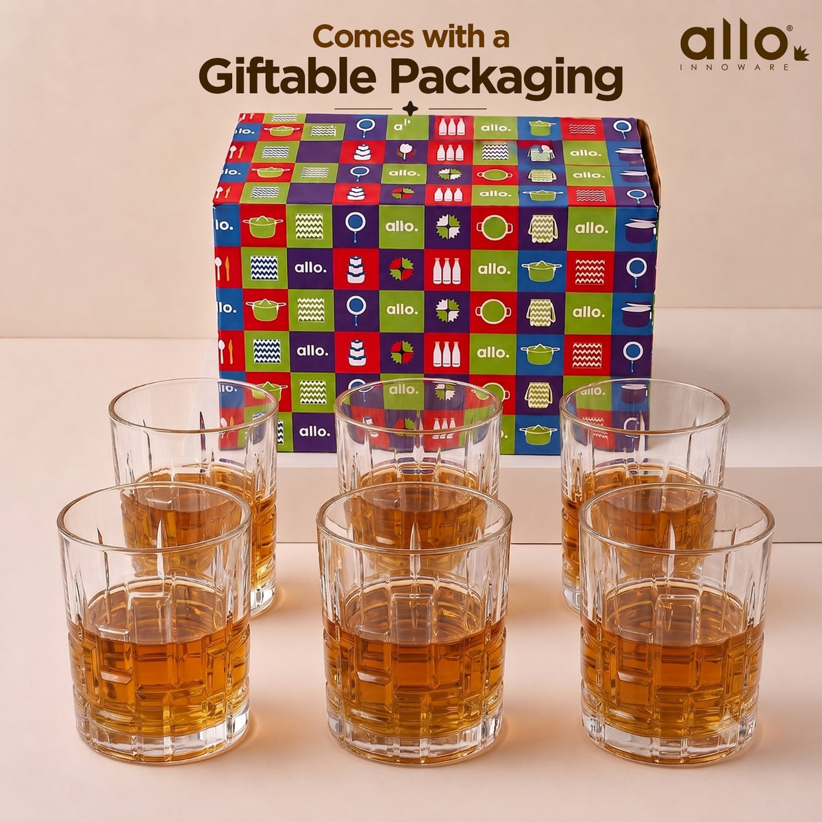 Allo Glass Set Of 6 Premium Whisky Glasses, 205 ml, For Drinking Water, Wine, Cocktail, Mocktail, Martini, Liquor, Alcohol, Scotch, Bourbon | Gift Set Packaging | Transparent Block Cut Whiskey Glass
