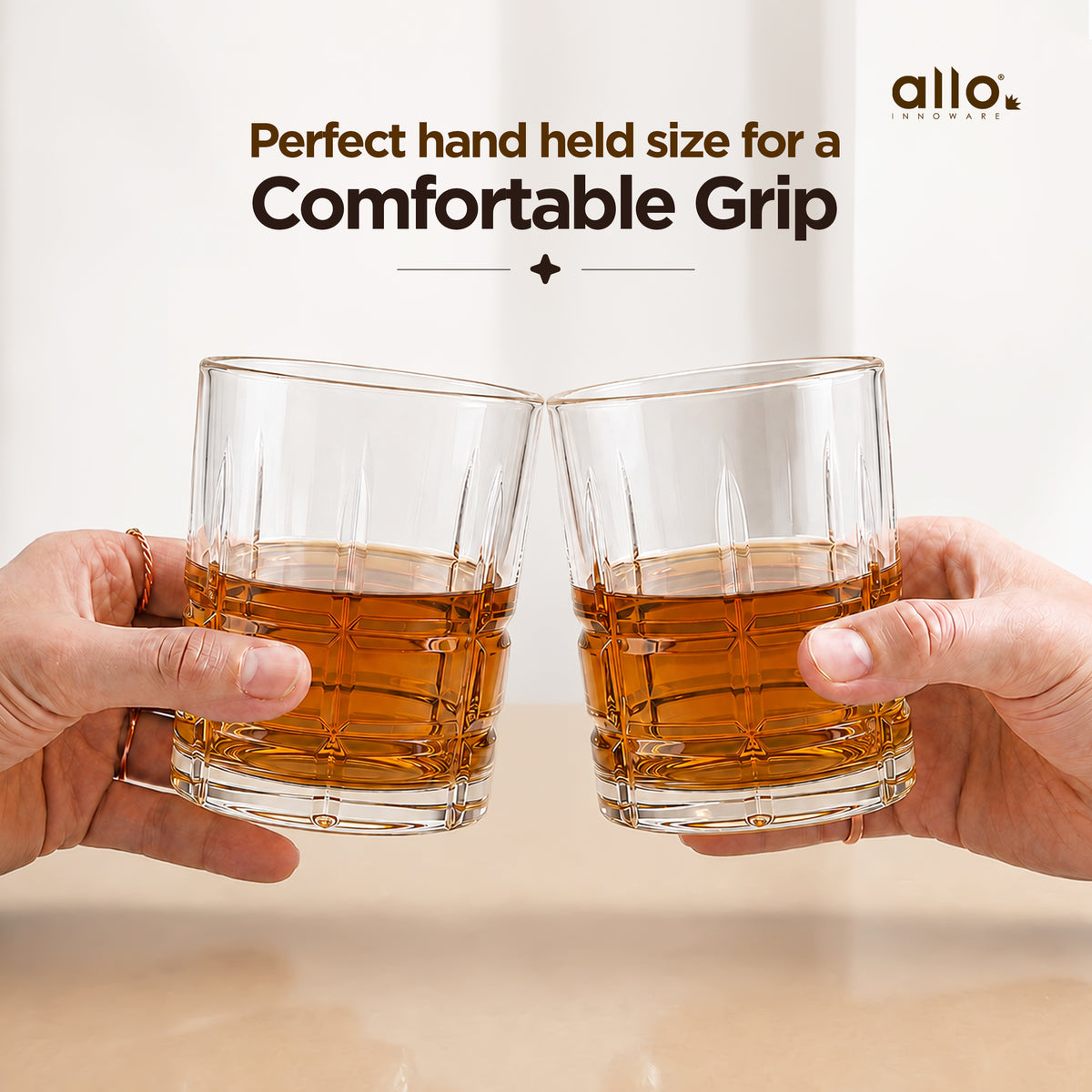 Allo Glass Set Of 6 Premium Whisky Glasses, 210 ml, For Drinking Water, Wine, Cocktail, Mocktail, Martini, Liquor, Alcohol, Scotch, Bourbon | Gift Set Packaging | Transparent Square Grid Whiskey Glass