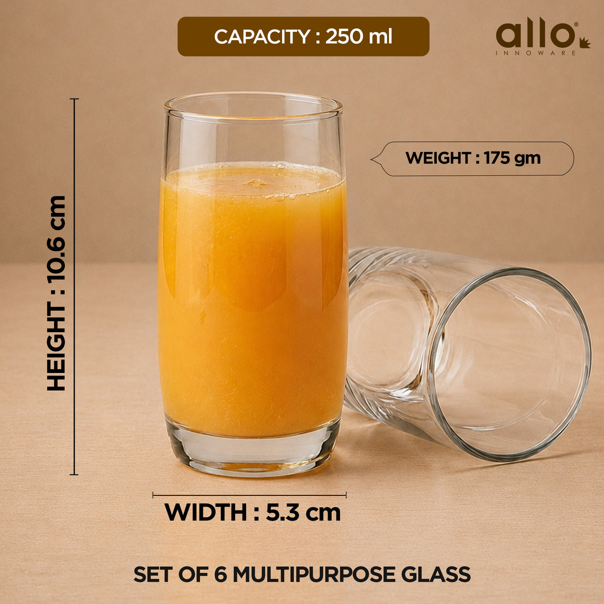 Allo Premium Glass Set Of 6, 250 ml, Latest Design Glasses For Water, Juice, Whisky, Cold Drink | Perfect For Home, Restaurants & Parties, Gift Set Packaging | Transparent Tapered Glass