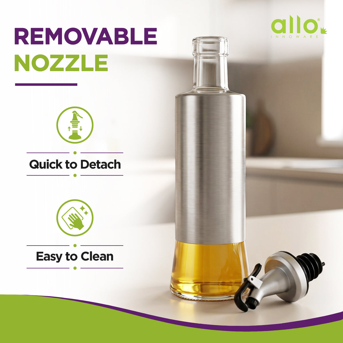 Allo Glass Oil Dispenser For Kitchen With Stainless Steel Cover| 300 ml Oil Bottle For Cooking | Home & Restaurant Use (0.3 Litre | Clear)