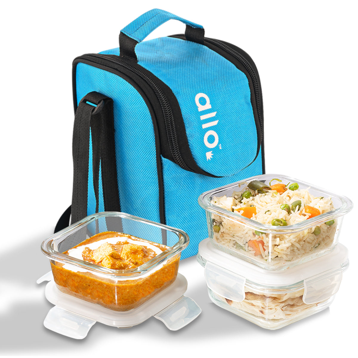 Allo Food Safe Glass Lunch Box, 450°C Microwave Safe Lunch Box, Borosilicate Glass Tiffin for office with Sky blue Tiffin Bag, Set of 3, 320ml x 3, square