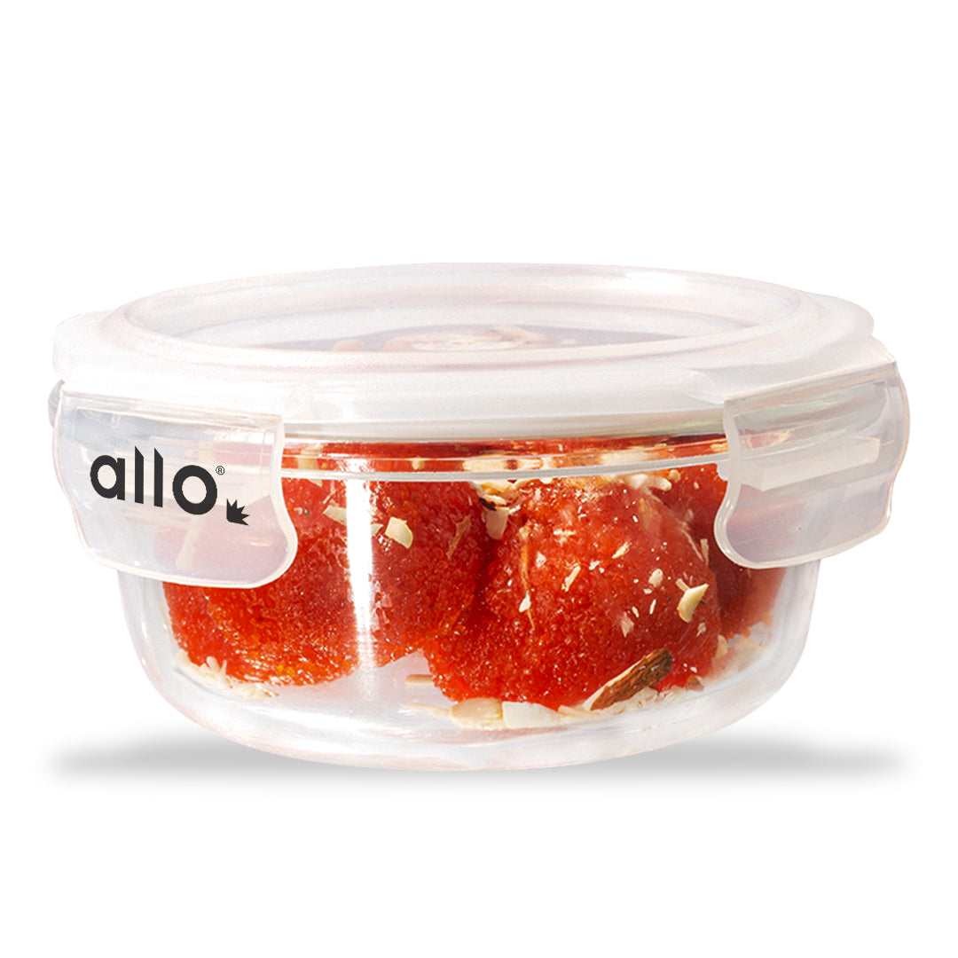 Allo Food Safe Glass Containers with Lids, 450°C Oven Microwave Safe Containers, High Borosilicate Meal Prep Glass Food Storage Containers for Kitchen, 400ml x 1, Round