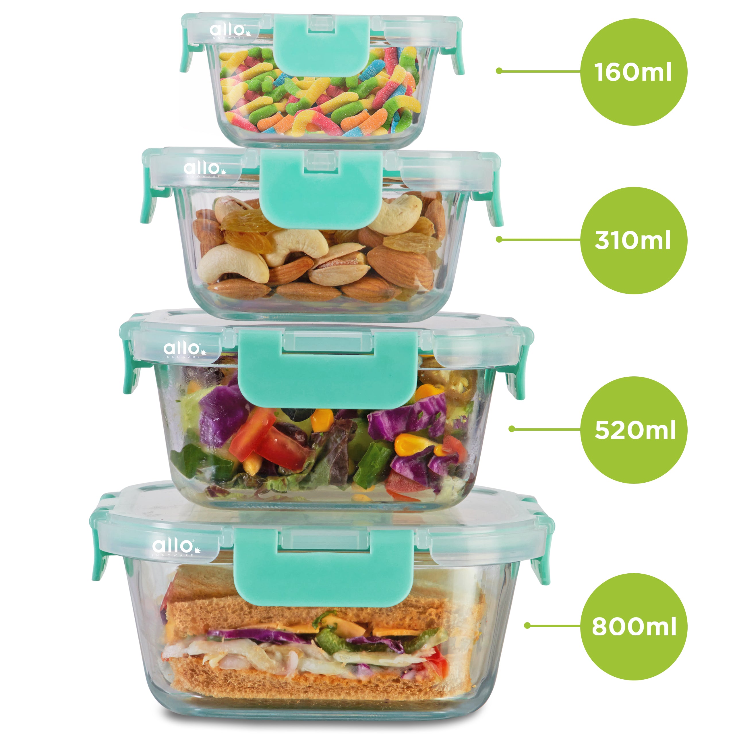Allo Food Safe Glass Containers with Lids, Microwave Safe, Borosilicate Meal Prep Glass Food Storage Container for Kitchen,Set of 4 160ml,310ml,520ml,800ml.