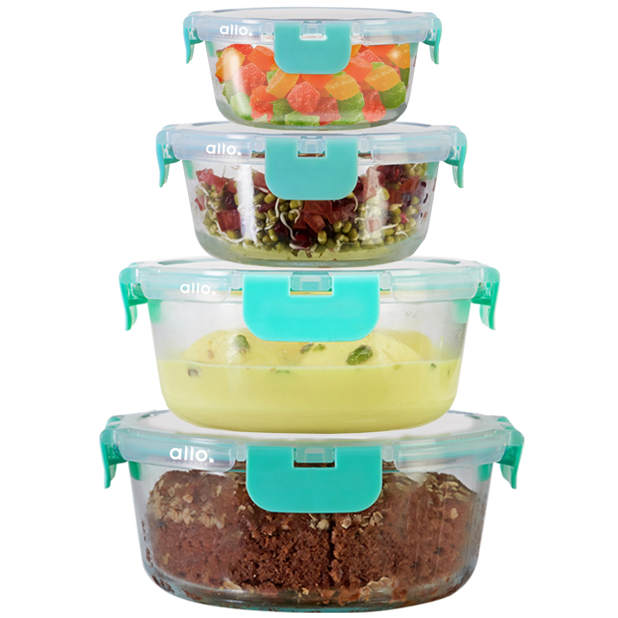Allo Food Safe Glass Containers with Lids, Microwave Safe Containers, Borosilicate Meal Prep Glass Food Storage Containers for Kitchen, Set of 4 215ml, 390ml, 635ml, 930ml Round