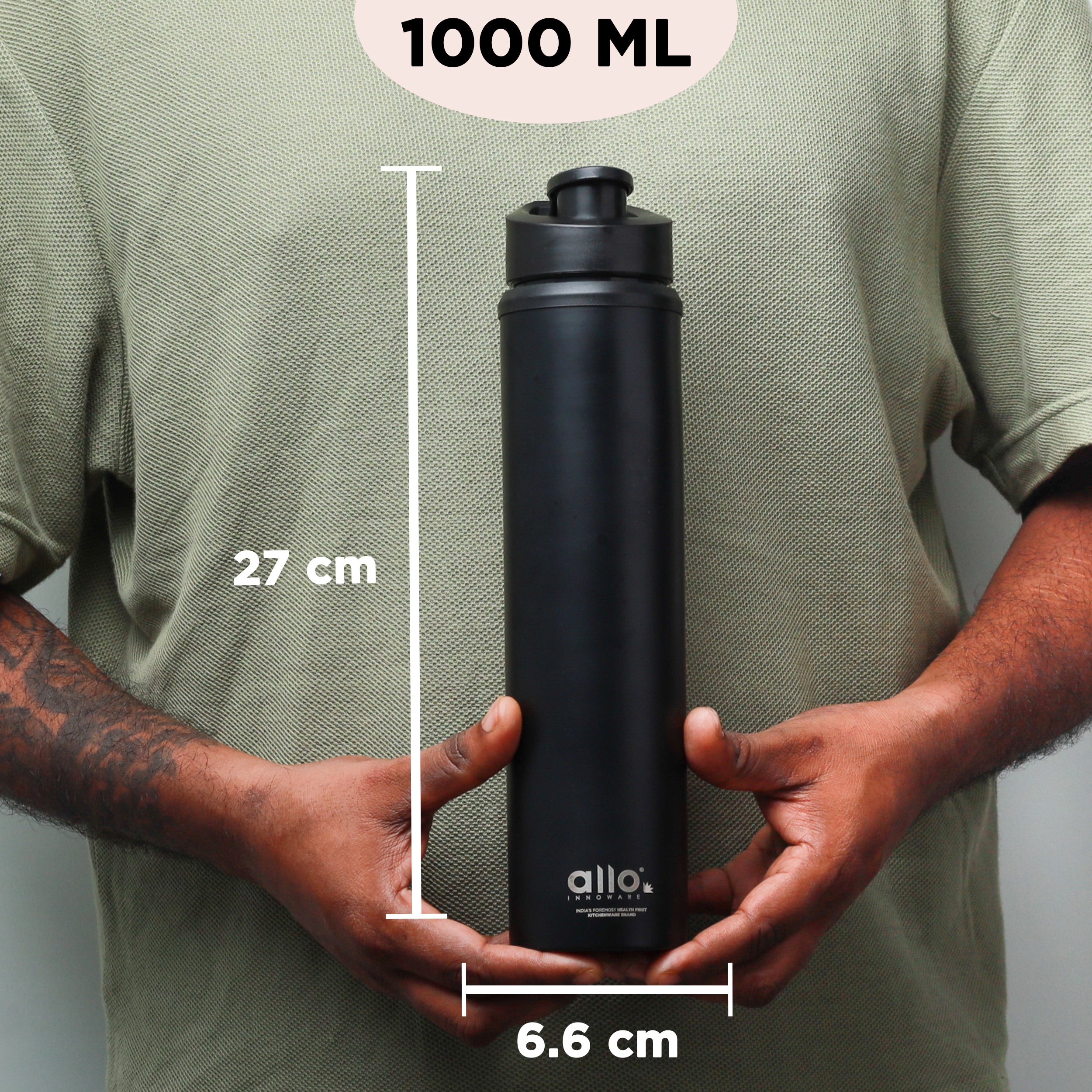 Allo Steel Water Bottles Stainless Steel Sipper Water Bottle for adults, kids 1 Litre Water Bottles for School, Office, Sports, Gym 1L Water Bottle for Men and women, Black 1000ml