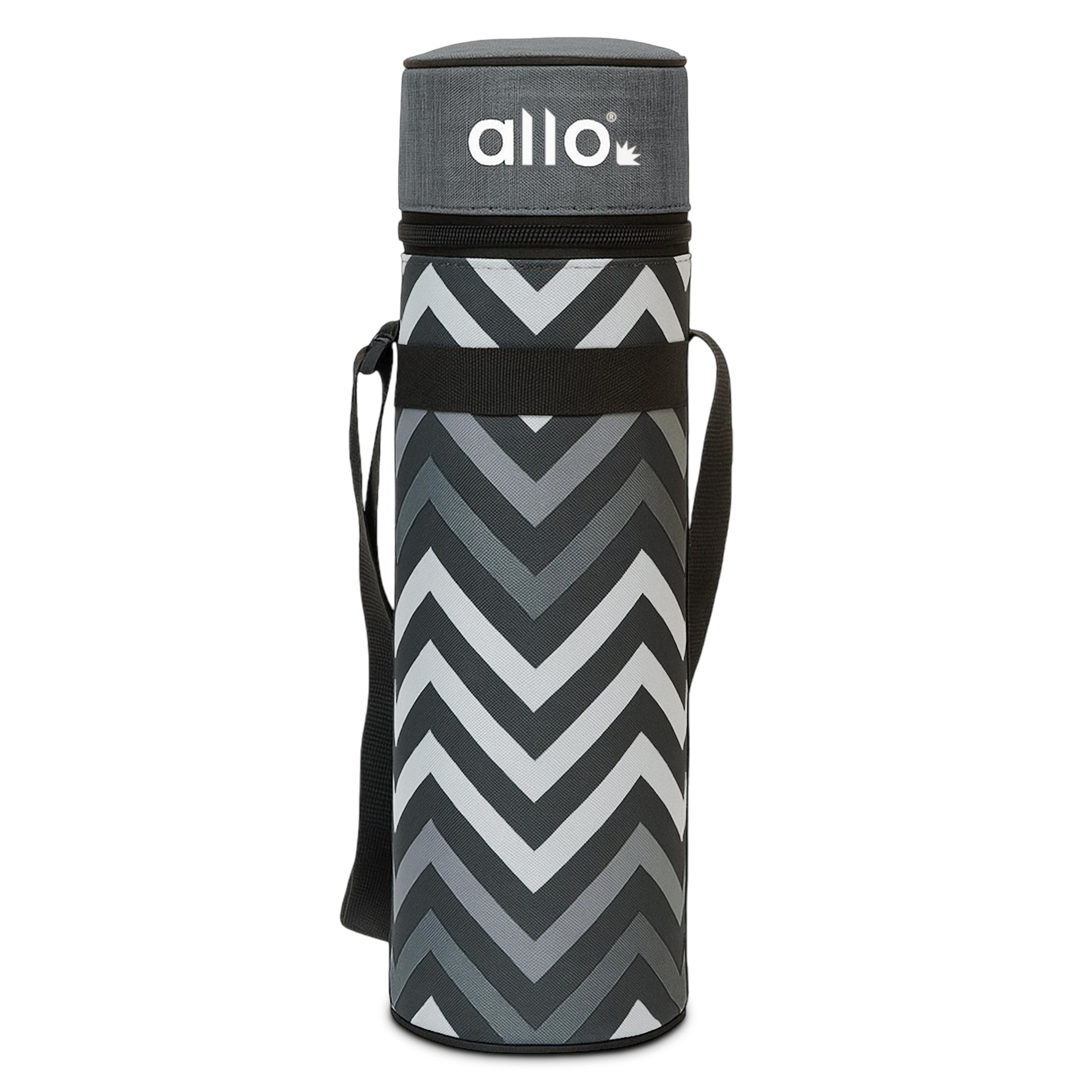 Allo Polyester Thermal Insulated 1L Bottle Cover – Water-Proof Modern Carrier Sleeve with Adjustable Shoulder Handle & Zipper Closure for Travel, Hiking, Office & School, Grey Chevron