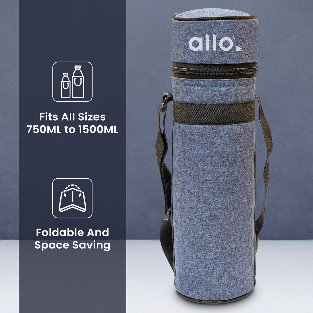 Allo Polyester Thermal Insulated 1L Bottle Cover – Water-Proof Modern Carrier Sleeve with Adjustable Shoulder Handle & Zipper Closure for Travel, Hiking, Office & School, ROYAL BLUE