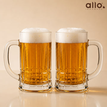 Allo Beer Mug And Drinking Glass Mugs, Set Of 2, 400 ml Each, Serves Beer, Juice, Mocktail, Alcohol, Cocktail, Drinking Glass With Handle, Fluted Glass | Gift Set Packaging | Transparent Checkered Base