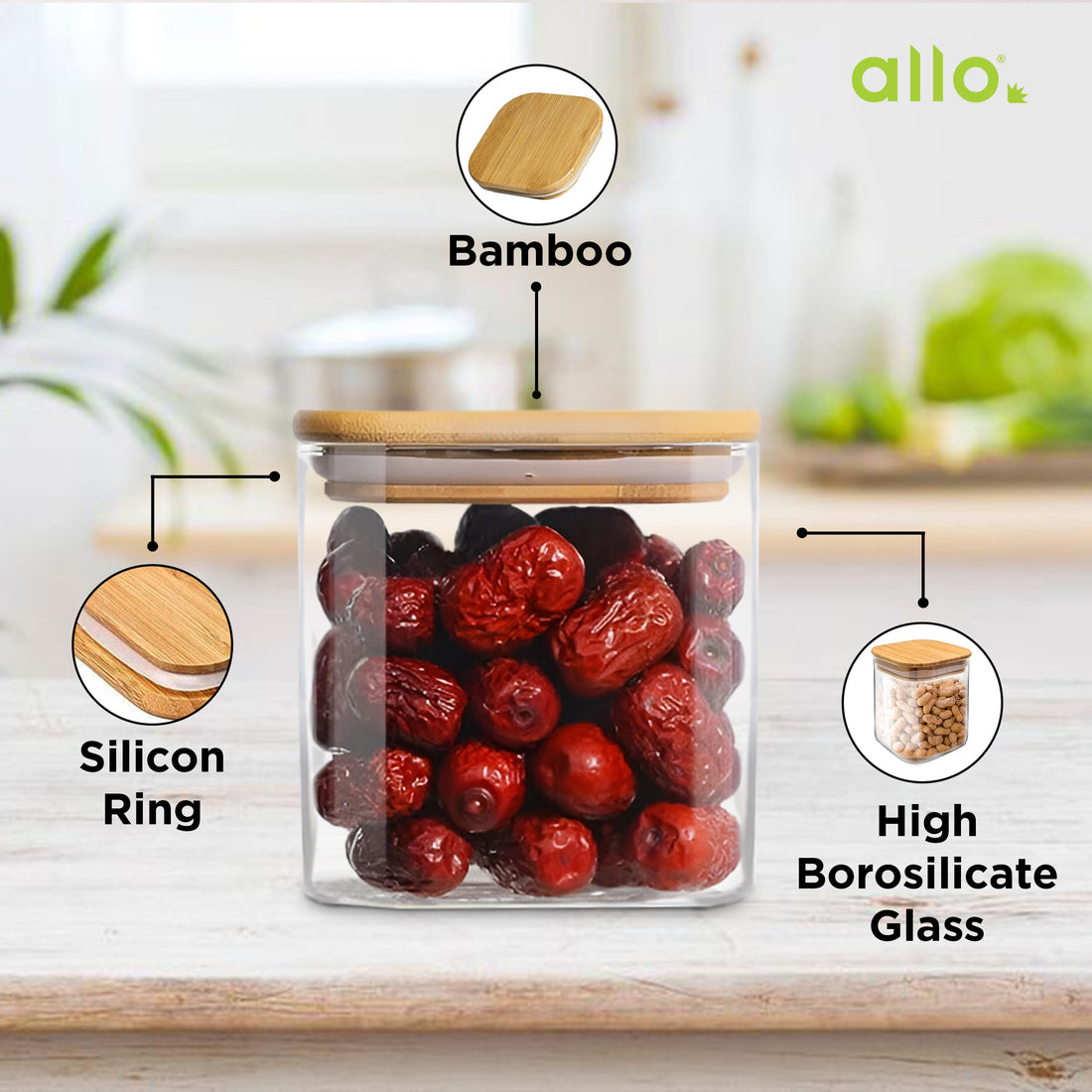 Allo 300ML Kitchen Storage Box Glass Jars With Wooden Lids - Borosilicate Glass Food Storage Containers Airtight Glass Jar For Tea, Coffee, Spice, Pulses, Masala (Square Glass Jar - Set of 1)
