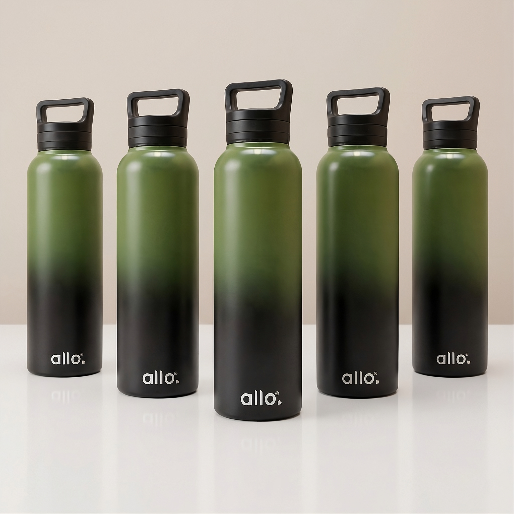 Allo Stainless Steel Water Bottle For Adults, Kids 1 Litre Water Bottles For School,Office,Sports,Gym 1L Water Bottle For Men & Women, Pack Of 5, Leak Proof, Bpa Free, Olive Green and Black Handle Cap