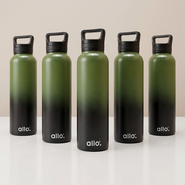 Allo Stainless Steel Water Bottle For Adults, Kids 1 Litre Water Bottles For School,Office,Sports,Gym 1L Water Bottle For Men & Women, Pack Of 5, Leak Proof, Bpa Free, Olive Green and Black Handle Cap