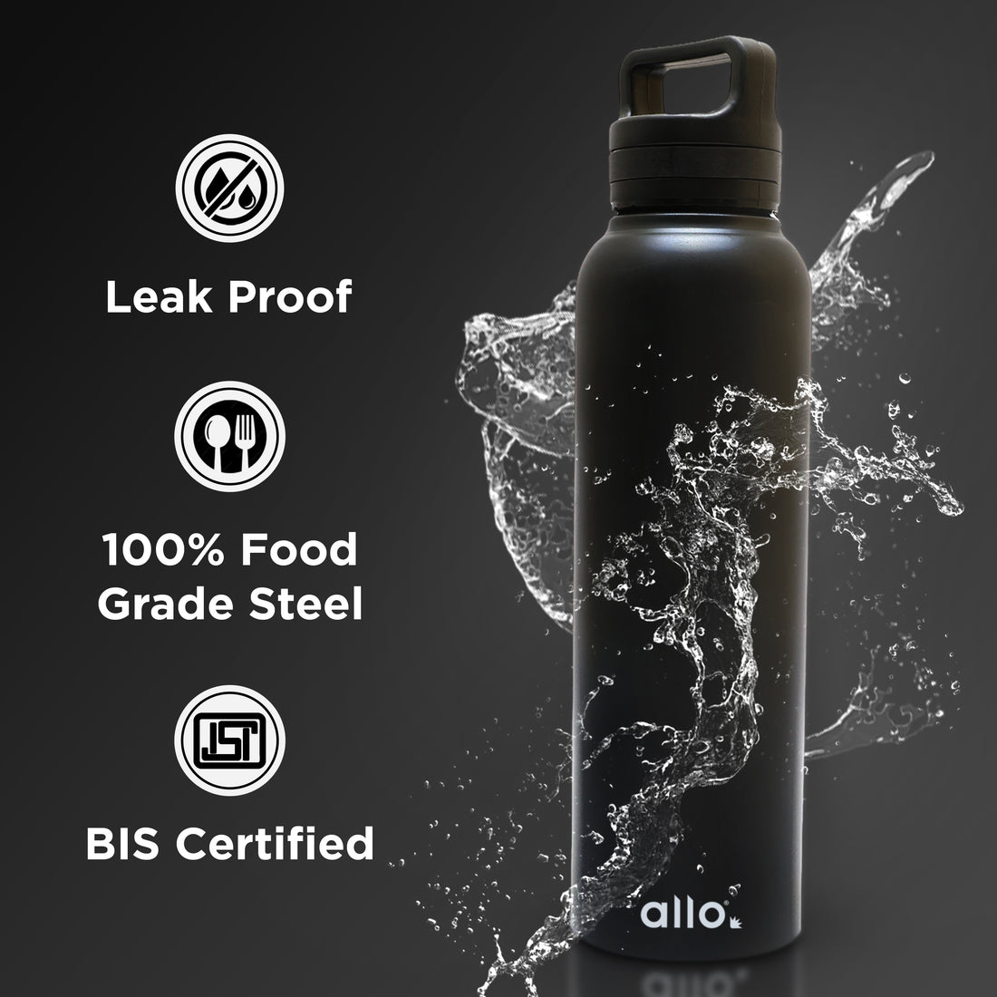 Allo Steel Water Bottles Stainless Steel Sipper Water Bottle for adults, kids 0.95 Litre Water Bottles for School, Office, Sports, Gym 950ML Water Bottle for Men and women, Black 950ml