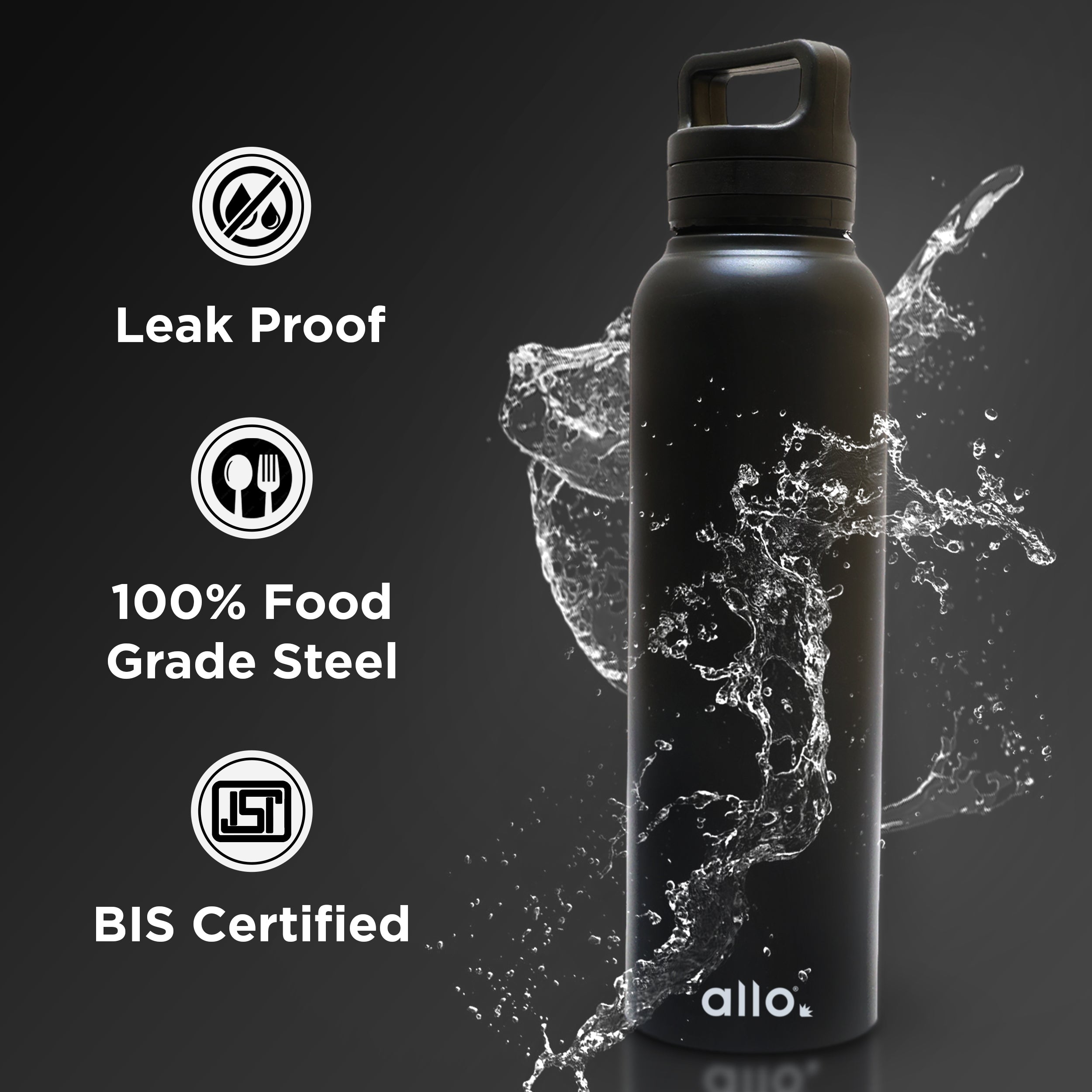 Allo Steel Water Bottles Stainless Steel Sipper Water Bottle for adults, kids 0.95 Litre Water Bottles for School, Office, Sports, Gym 950ML Water Bottle for Men and women, Black 950ml