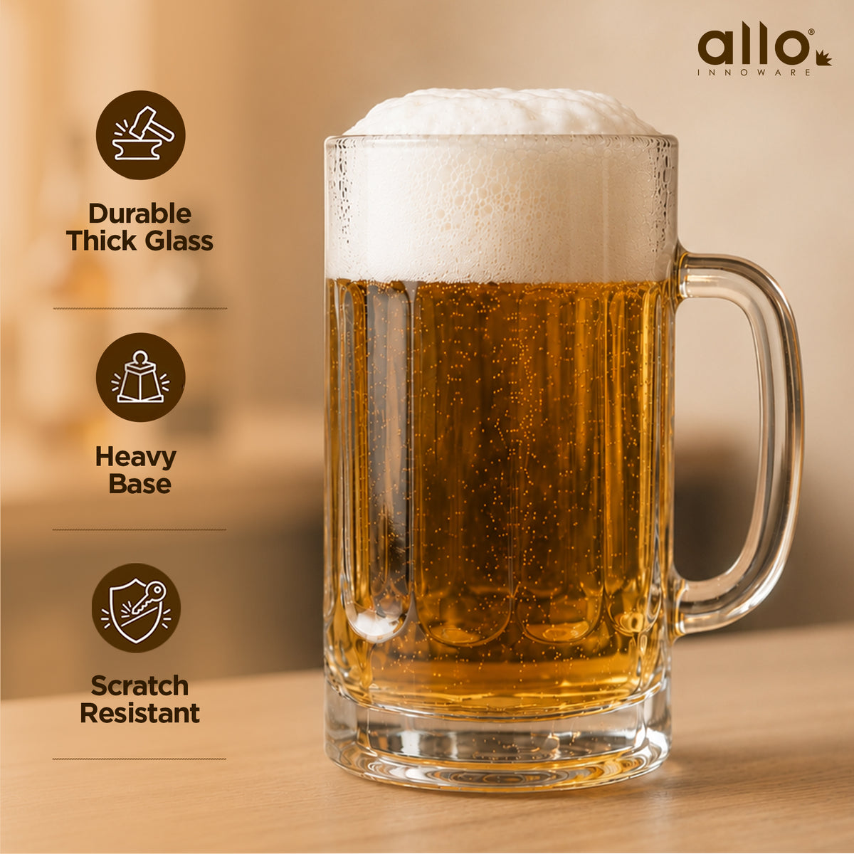 Allo Beer Mug And Drinking Glass Mugs, Set Of 2, 380 ml Each, Serves Beer, Juice, Mocktail, Alcohol, Cocktail, Drinking Glass With Handle, Fluted Glass | Gift Set Packaging | Transparent Tall Facet
