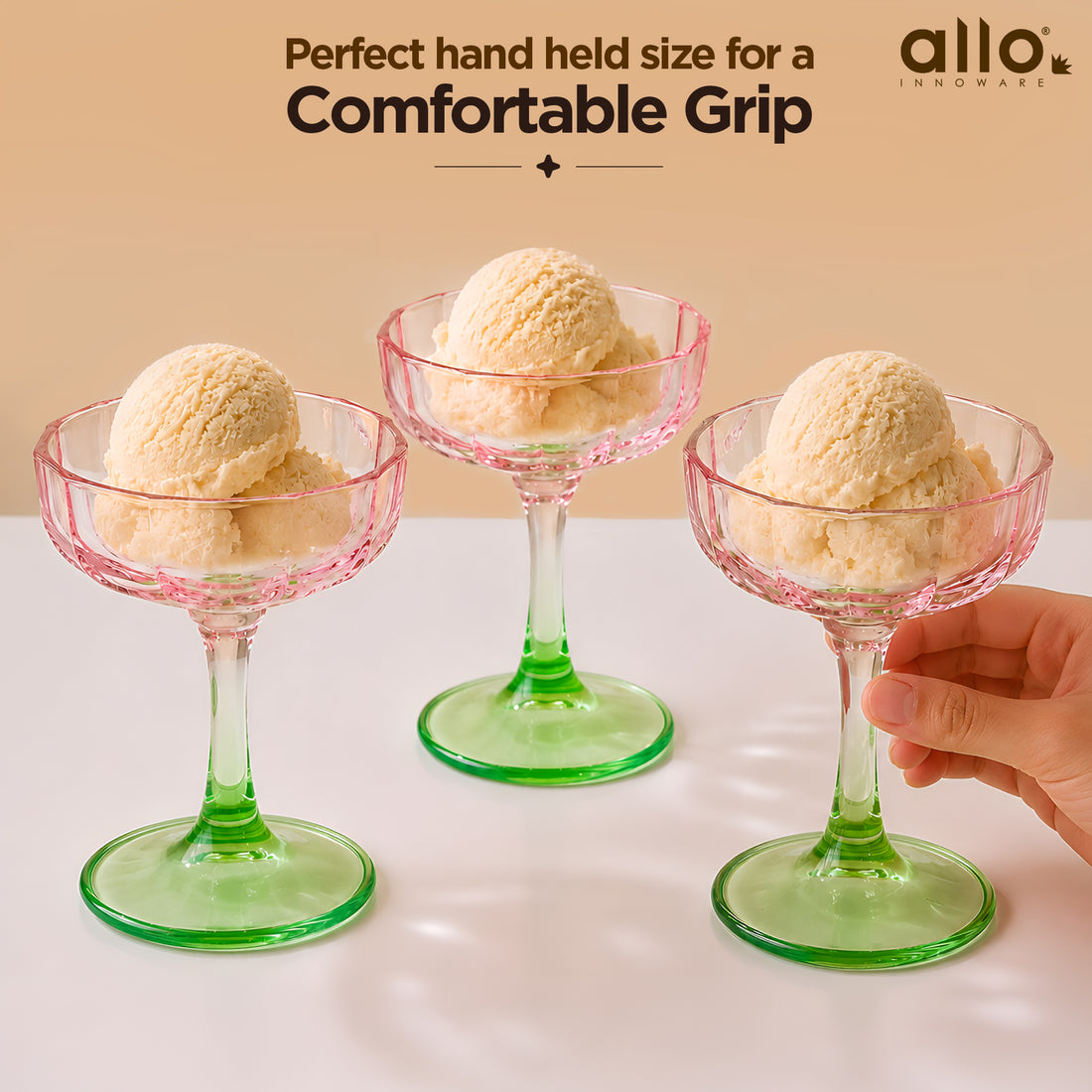 Allo Glass Ice Cream Bowl Set Of 6, 225 ml, Dessert Glasses For Icecream, Pudding, Candy, Snacks, Dates, Dry Fruit | Cups For Gifting And Serving, Gift Set Packaging | Floral Pink and Green Glass Bowl