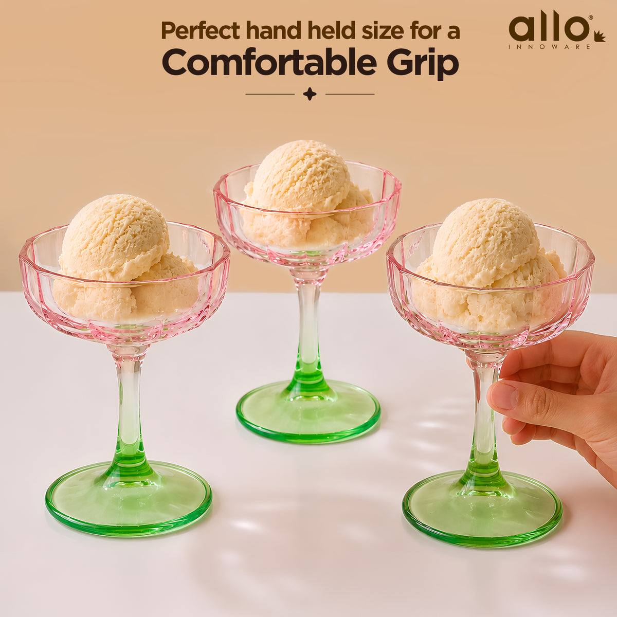 Allo Glass Ice Cream Bowl Set Of 6, 225 ml, Dessert Glasses For Icecream, Pudding, Candy, Snacks, Dates, Dry Fruit | Cups For Gifting And Serving, Gift Set Packaging | Floral Pink and Green Glass Bowl