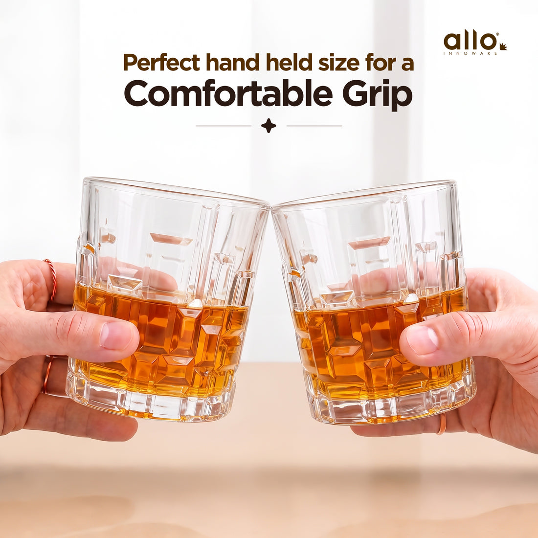 Allo Glass Set Of 6 Premium Whisky Glasses, 205 ml, For Drinking Water, Wine, Cocktail, Mocktail, Martini, Liquor, Alcohol, Scotch, Bourbon | Gift Set Packaging | Transparent Block Cut Whiskey Glass