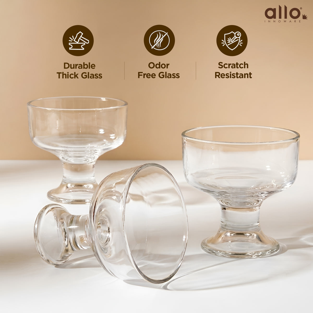 Allo Glass Ice Cream Bowl Set Of 6, 240 ml, Dessert Glasses For Icecream, Pudding, Candy, Snacks, Dates, Dry Fruit | Cups For Gifting And Serving, Gift Set Packaging | Classic Dessert Coupe Glass Bowl
