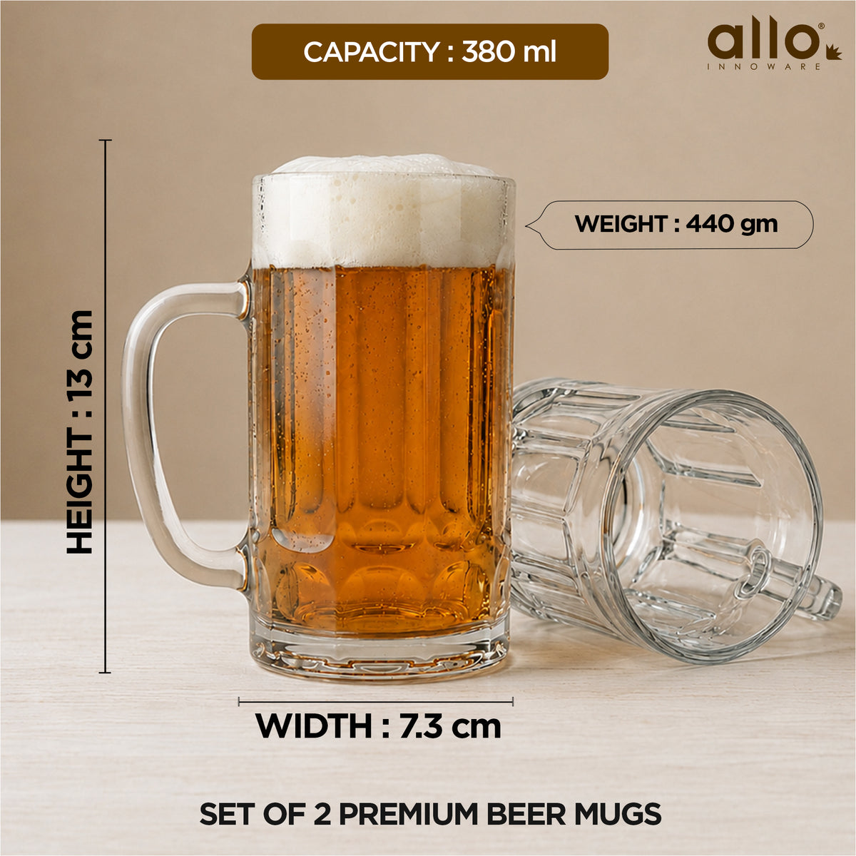 Allo Beer Mug And Drinking Glass Mugs, Set Of 2, 380 ml Each, Serves Beer, Juice, Mocktail, Alcohol, Cocktail, Drinking Glass With Handle, Fluted Glass | Gift Set Packaging | Transparent Tall Facet