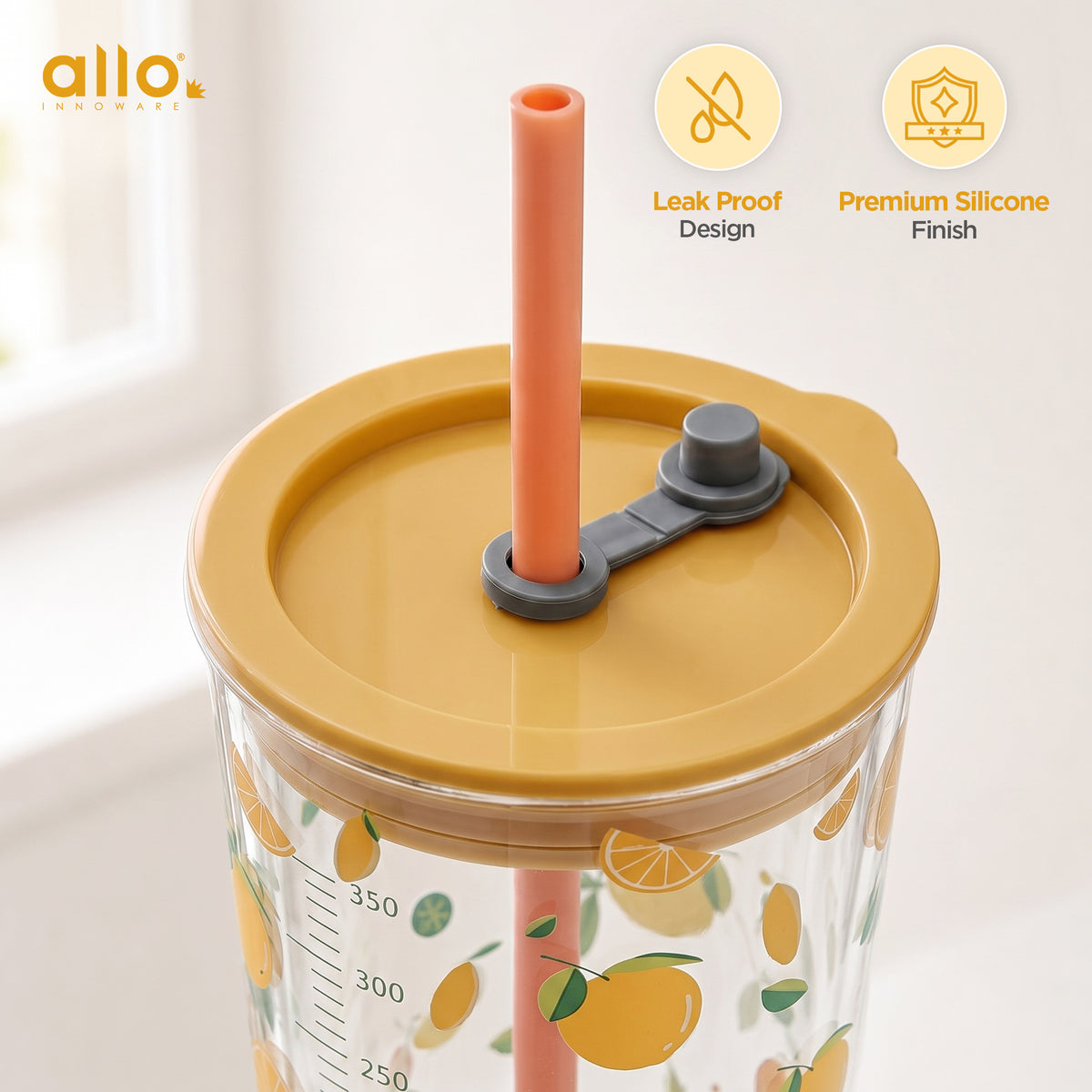 Allo Reusable Glass Mug Sipper Tumbler with Straw, Unique 2 in 1 ANTI Spill Lid | Microwave Safe Leakproof Glass with Anti-Slip Grip for Hot & Cold Coffee| Car, Office, Travel use | 450ml (Orange)