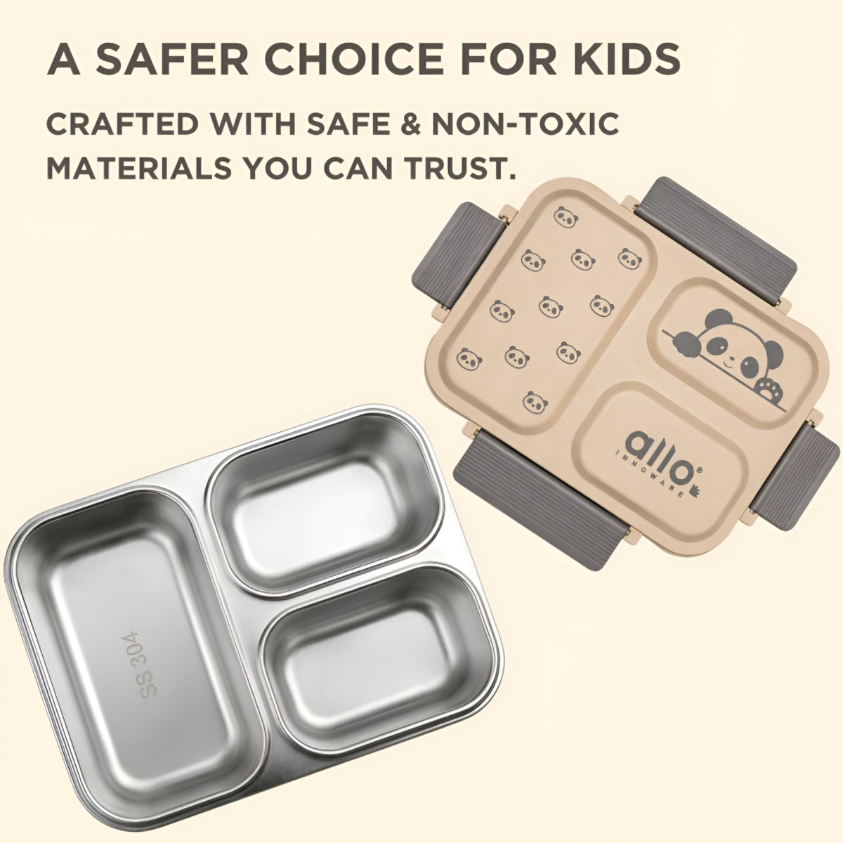 Allo Bento Stainless Steel Lunch Box for Kids- BIS Approved, 304 Stainless Steel 3 Compartment Leakproof Tiffin Box for Boys and Girls for School, Travelling, Baby Snacks, 740ml Beige Panda