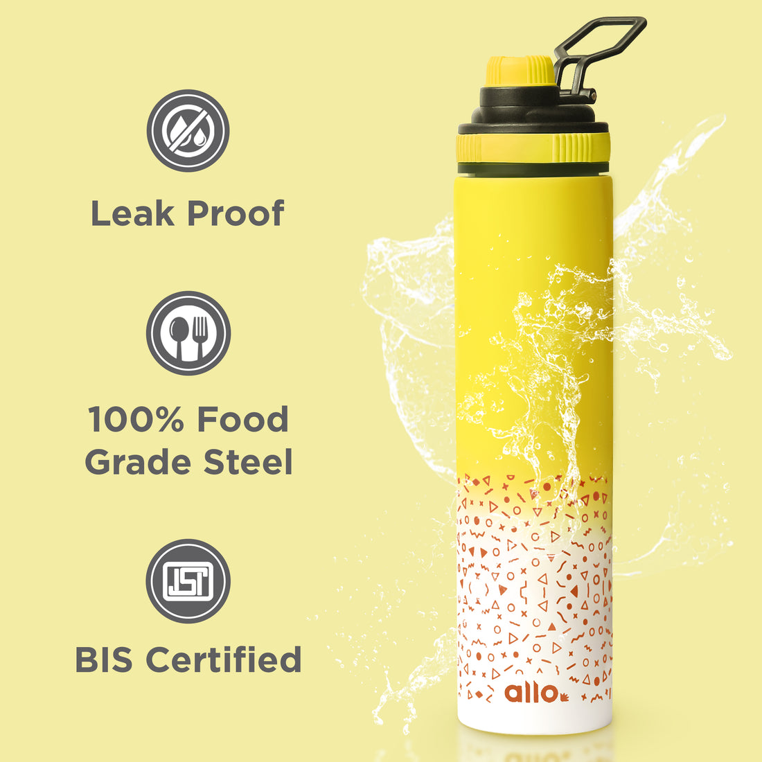 Allo Steel Water Bottles Stainless Steel Sipper Water Bottle for adults, kids 1 Litre Water Bottles for School, Office, Sports, Gym 1L Water Bottle for Men and women, Pack Of 2 | Yellow White 850ml