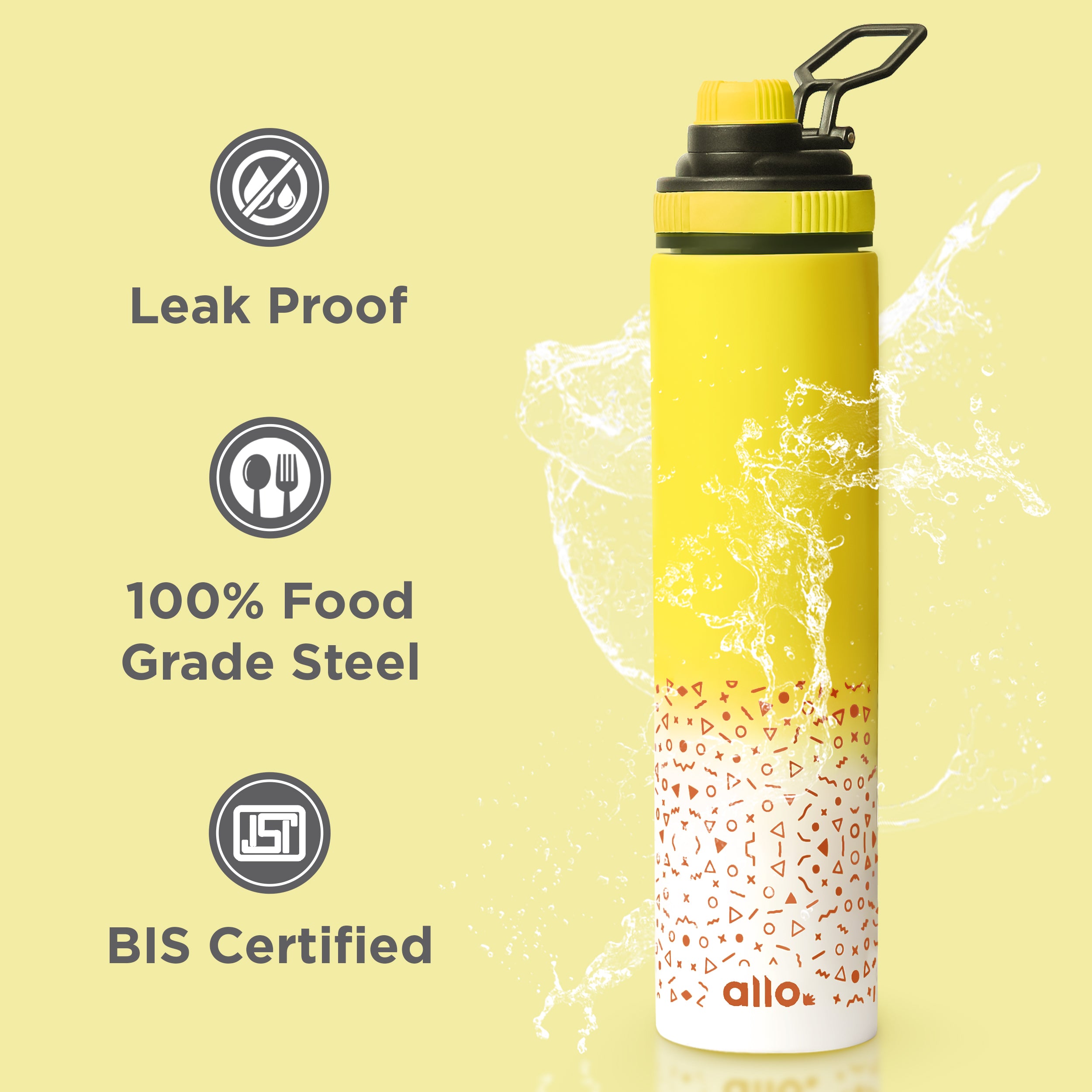 Allo Steel Water Bottles Stainless Steel Sipper Water Bottle for adults, kids 1 Litre Water Bottles for School, Office, Sports, Gym 1L Water Bottle for Men and women, Pack Of 2 | Yellow White 850ml