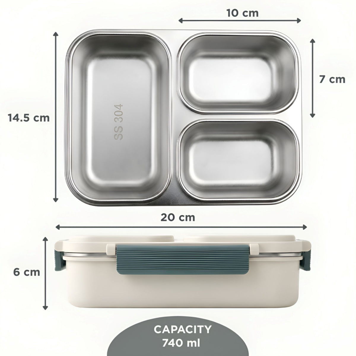 Allo Bento Stainless Steel Lunch Box for Kids- BIS Approved, 304 Stainless Steel 3 Compartment Leakproof Tiffin Box for Boys and Girls for School, Travelling, Baby Snacks, 740ml Green Cats
