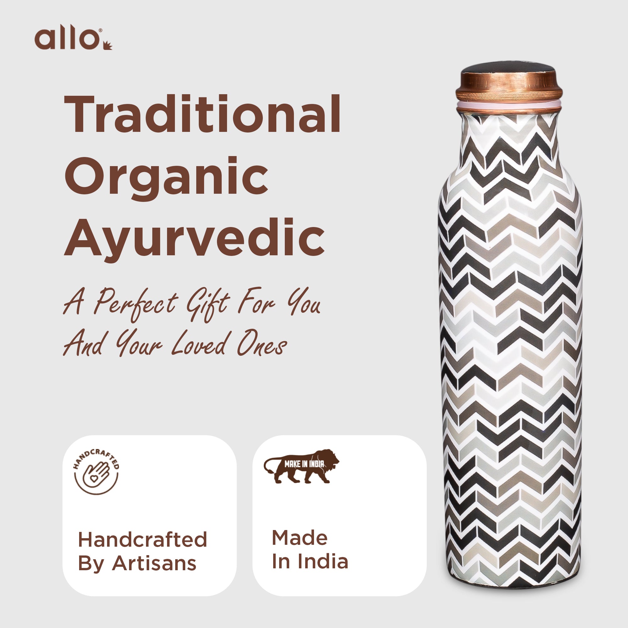 Allo Pure Copper Water Bottle 1 Litre Copper Bottle | Alkaline and Anti Oxidant | 100% Leak Proof, Office, Gym Bottle, Modern Tamba Bottle for Adults, Best Gift for Diwali (Chevron, Black & Grey)