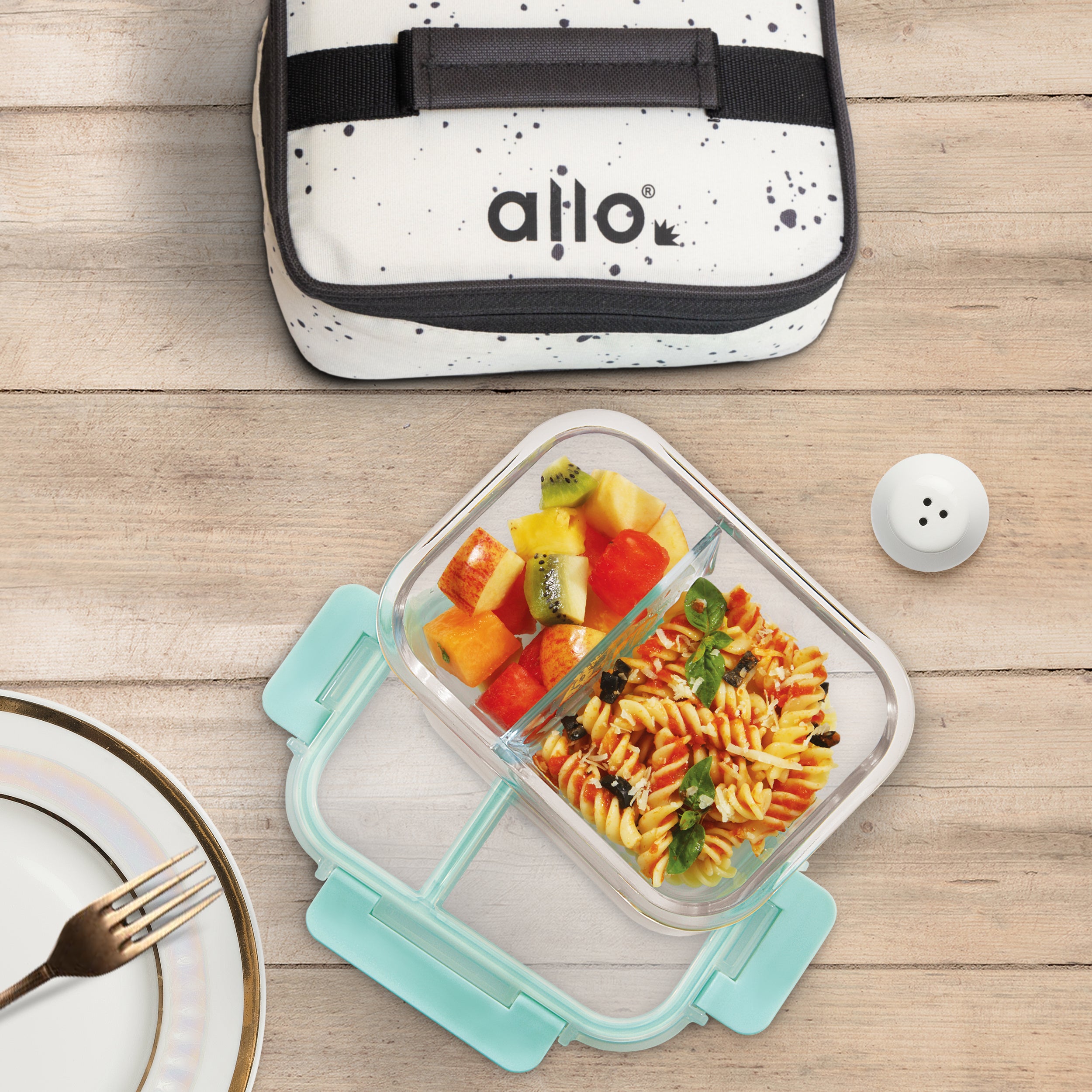 580ml Allo FoodSafe Microwave Oven Safe Glass Lunch Box with Break Free Detachable Lock with White Splash Bag Tiffin