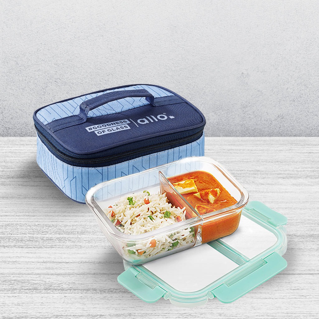1000ml Allo FoodSafe Microwave Oven Safe Glass Lunch box with Break Free Detachable Lock with Space Blue Bag Tiffin