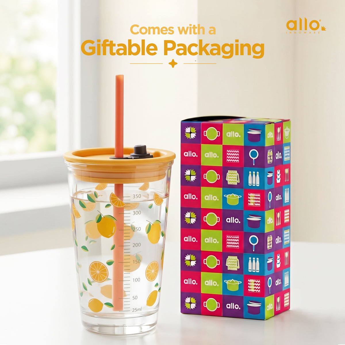 Allo Reusable Glass Mug Sipper Tumbler with Straw, Unique 2 in 1 ANTI Spill Lid | Microwave Safe Leakproof Glass with Anti-Slip Grip for Hot & Cold Coffee| Car, Office, Travel use | 450ml (Orange)