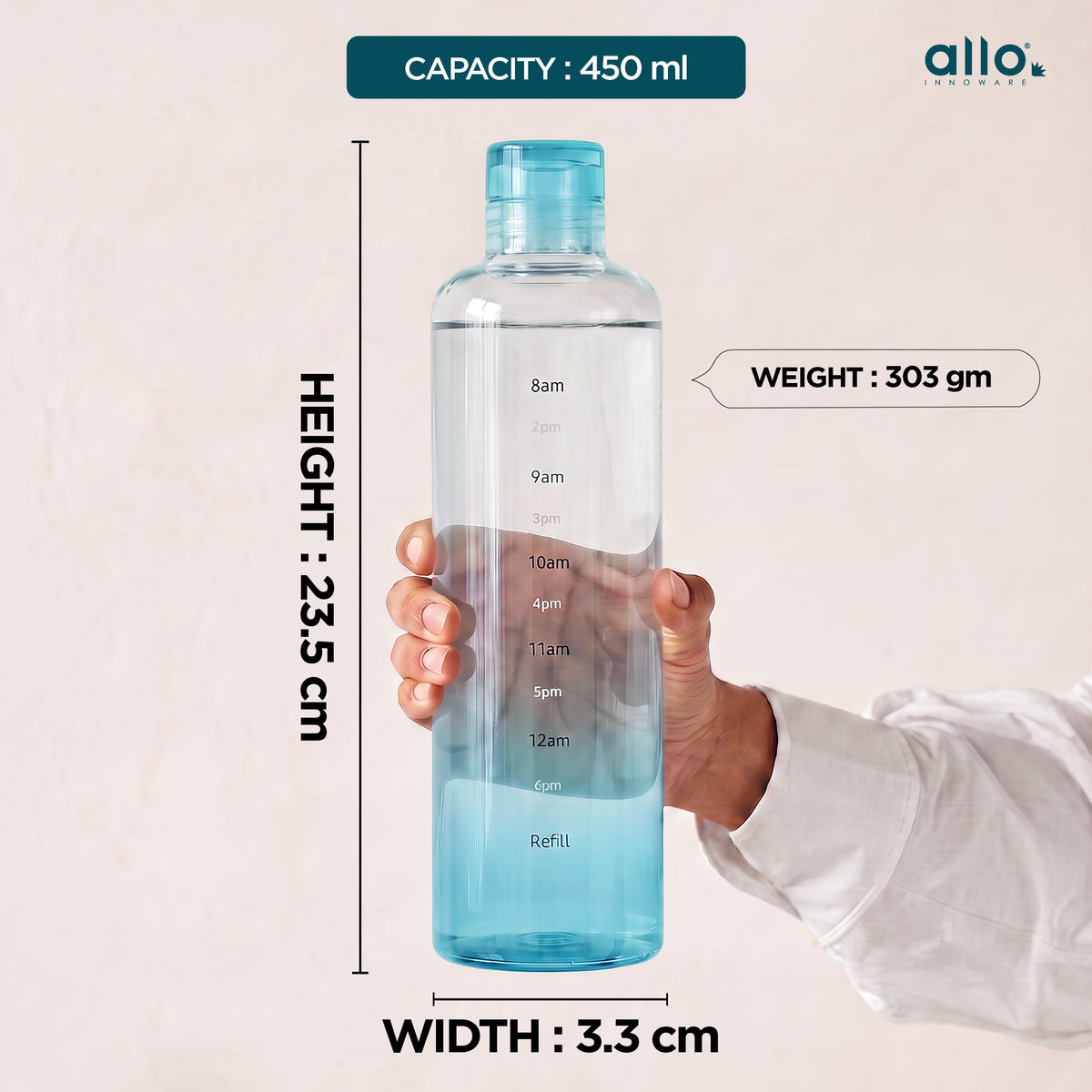 Allo Glass Water Bottle For Women & Men, 600 ml, Aesthetic H2O Bottles For Drinking Detox Water, Juice, Milk, Soda | 0.4 Ltr Bottle For Fridge, Storage, Home | Gift Set Packaging | Time Marked Blue