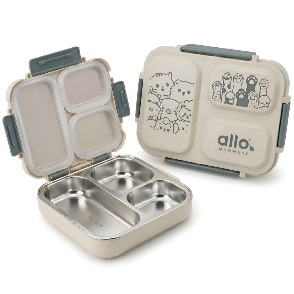 Allo Bento Stainless Steel Lunch Box for Kids- BIS Approved, 304 Stainless Steel 3 Compartment Leakproof Tiffin Box for Boys and Girls for School, Travelling, Baby Snacks, 740ml Green Cats