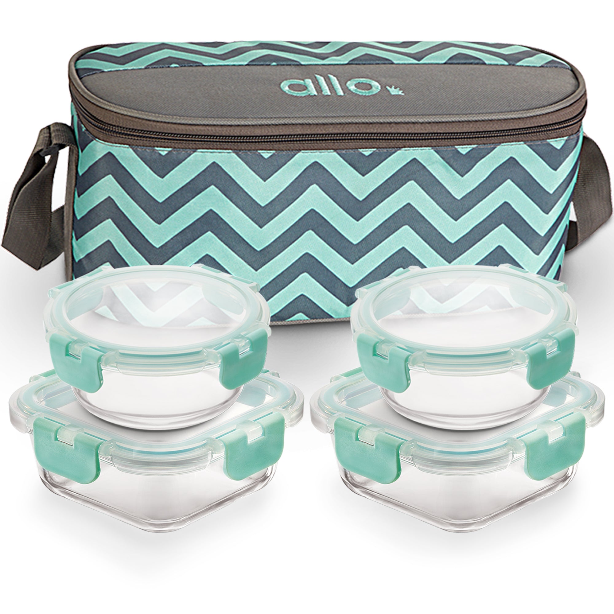 Allo Food Safe Glass Lunch Box with Breakfree Detachable Lock, Microwave Safe Lunch Box Borosilicate Glass Tiffin for office with Chevron Mint Tiffin Bag, Set of 4, 215ml x 2, 310ml x 2, Multicolor