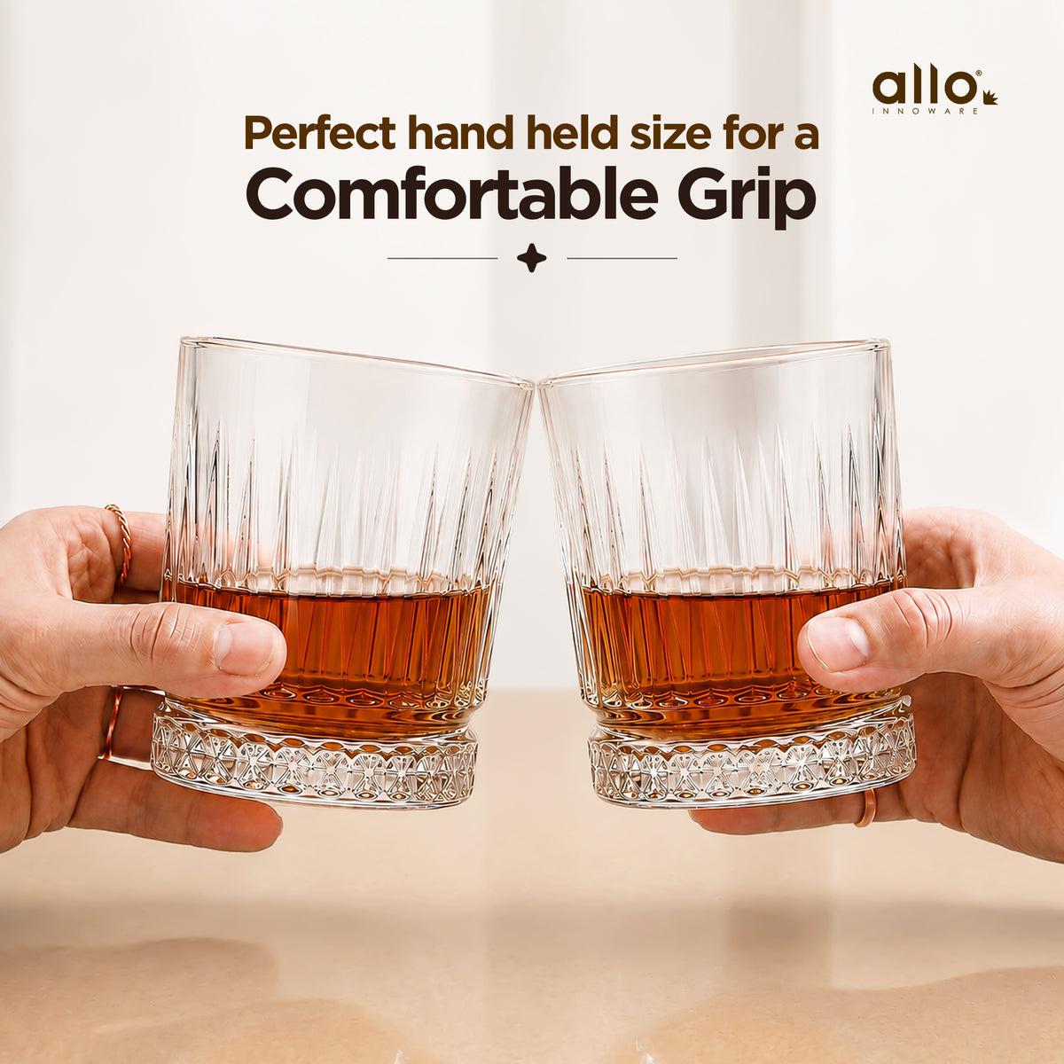 Allo Glass Set Of 6 Premium Whisky Glasses, 300 ml, For Drinking Water, Wine, Cocktail, Mocktail, Martini, Liquor, Alcohol, Scotch, Bourbon | Gift Set Packaging | Transparent Diamond Lattice Cut Glass