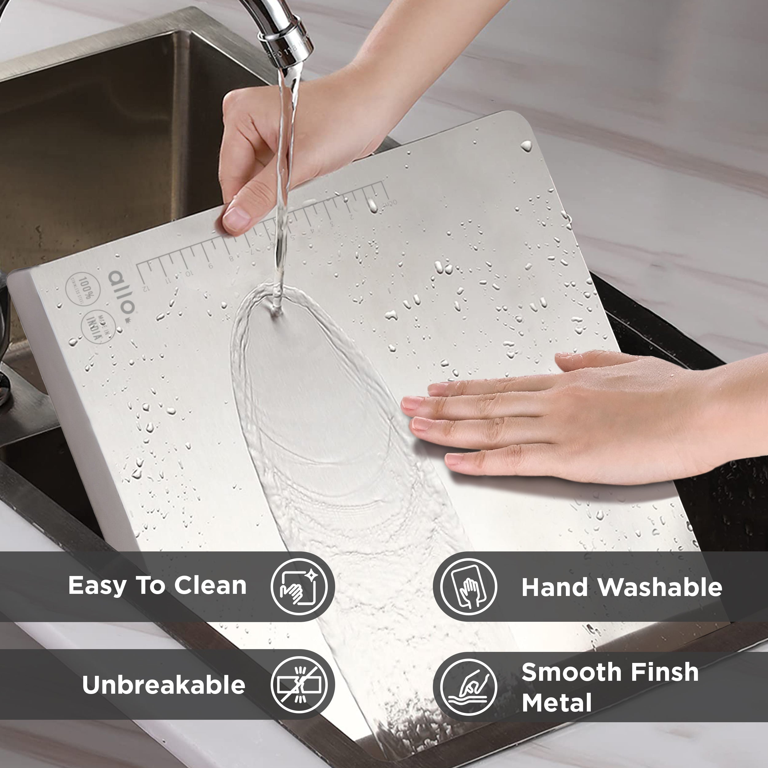 Allo Premium Stainless Steel Chopping Board Countertop (40 x 32 cm) – Large Heavy-Duty Metal Cutting Board for Kitchen, Knife Friendly | Vegetable & Fruit Cutter Pad