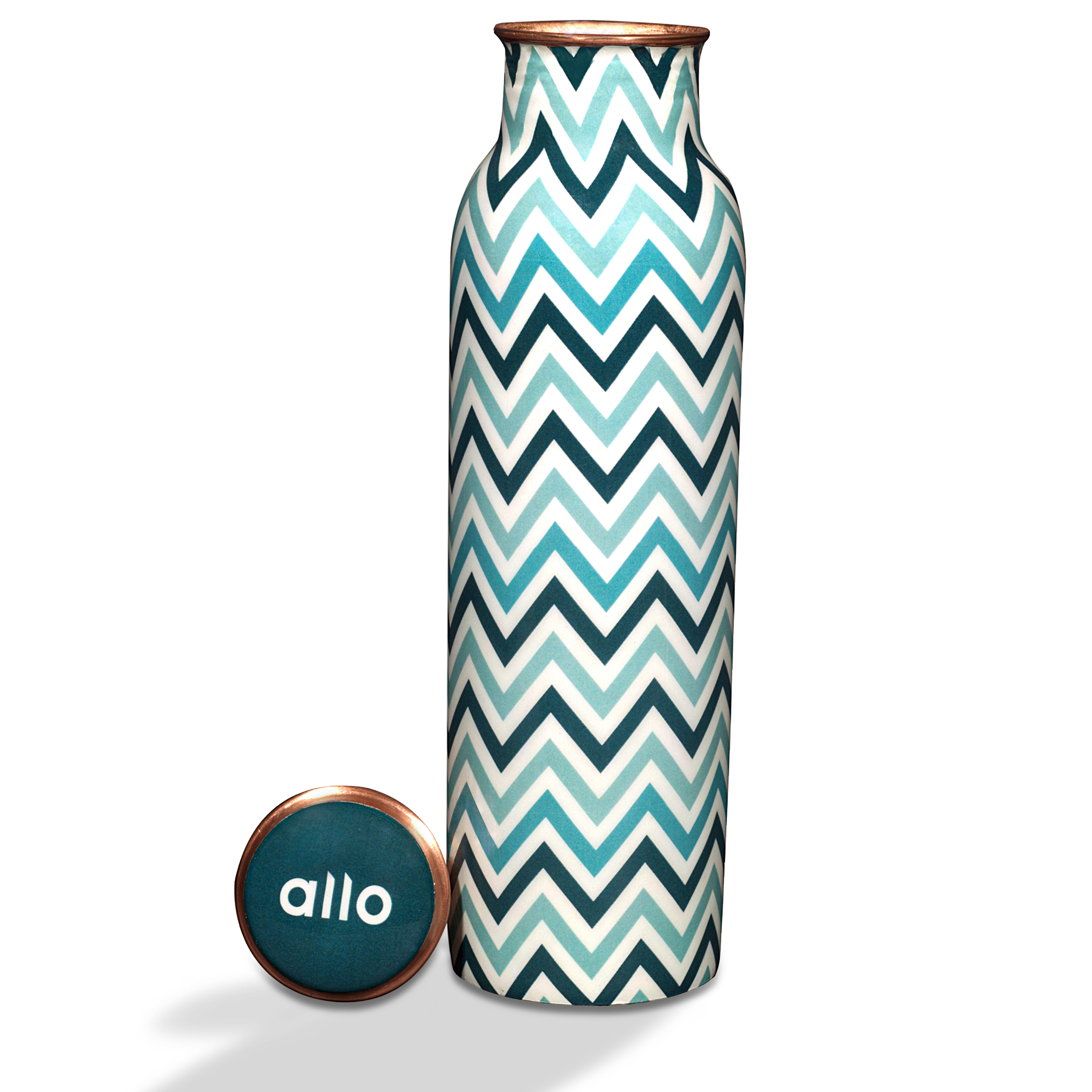 Allo Pure Copper Water Bottle 1 Litre Copper Bottle | Alkaline and Anti Oxidant | 100% Leak Proof, Office, Gym Bottle, Modern Tamba Bottle for Adults, Best Gift for Diwali (Chevron, Teal Blue)