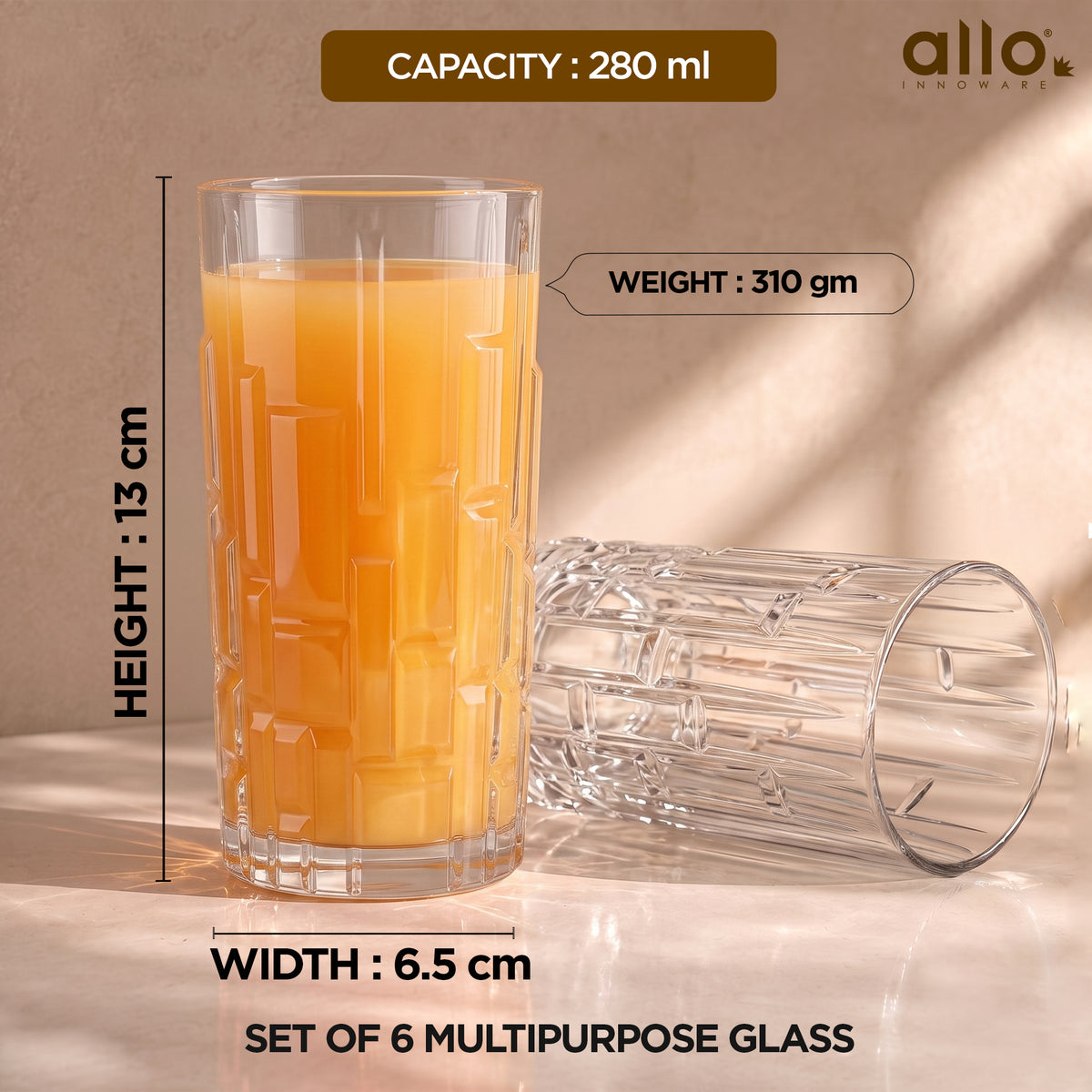Allo Premium Glass Set Of 6, 280 ml, Latest Design Glasses For Water, Juice, Whisky, Cold Drink | Lead Free | Perfect For Home & Parties, Gift Set Packaging | Transparent Textured Block Glass