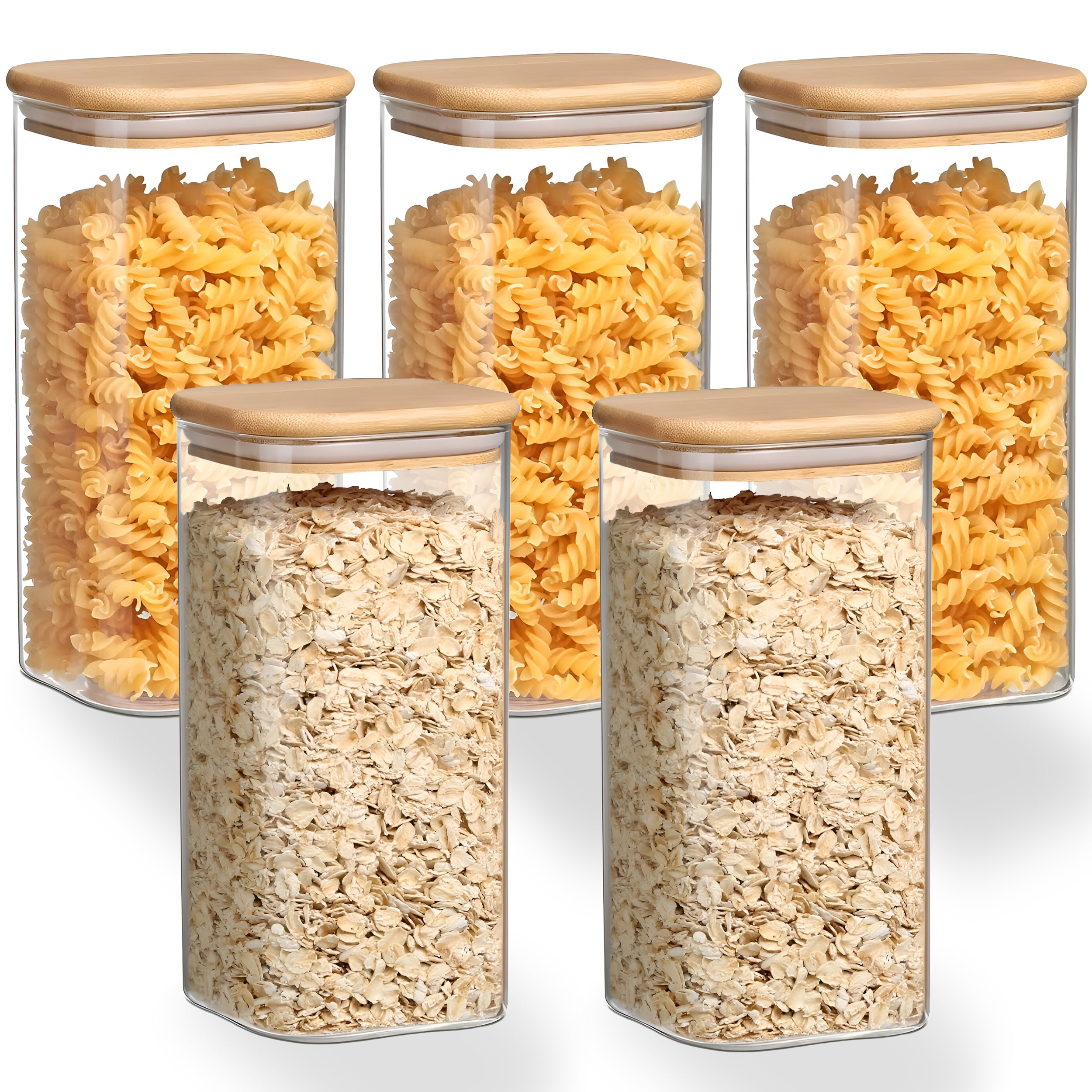 Allo 600ML Kitchen Storage Box Glass Jars With Wooden Lids - Borosilicate Glass Food Storage Containers Airtight Glass Jar For Tea, Coffee, Spice, Pulses, Masala (Square Glass Jar - Set of 5)