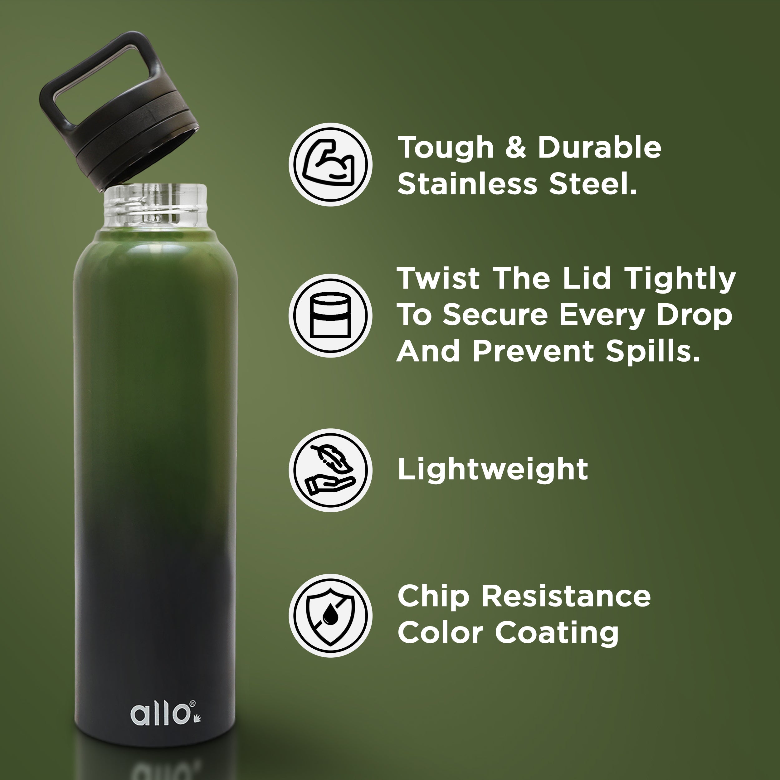 Allo Stainless Steel Water Bottle For Adults, Kids 1 Litre Water Bottles For School,Office,Sports,Gym 1L Water Bottle For Men & Women, Pack Of 5, Leak Proof, Bpa Free, Olive Green and Black Handle Cap