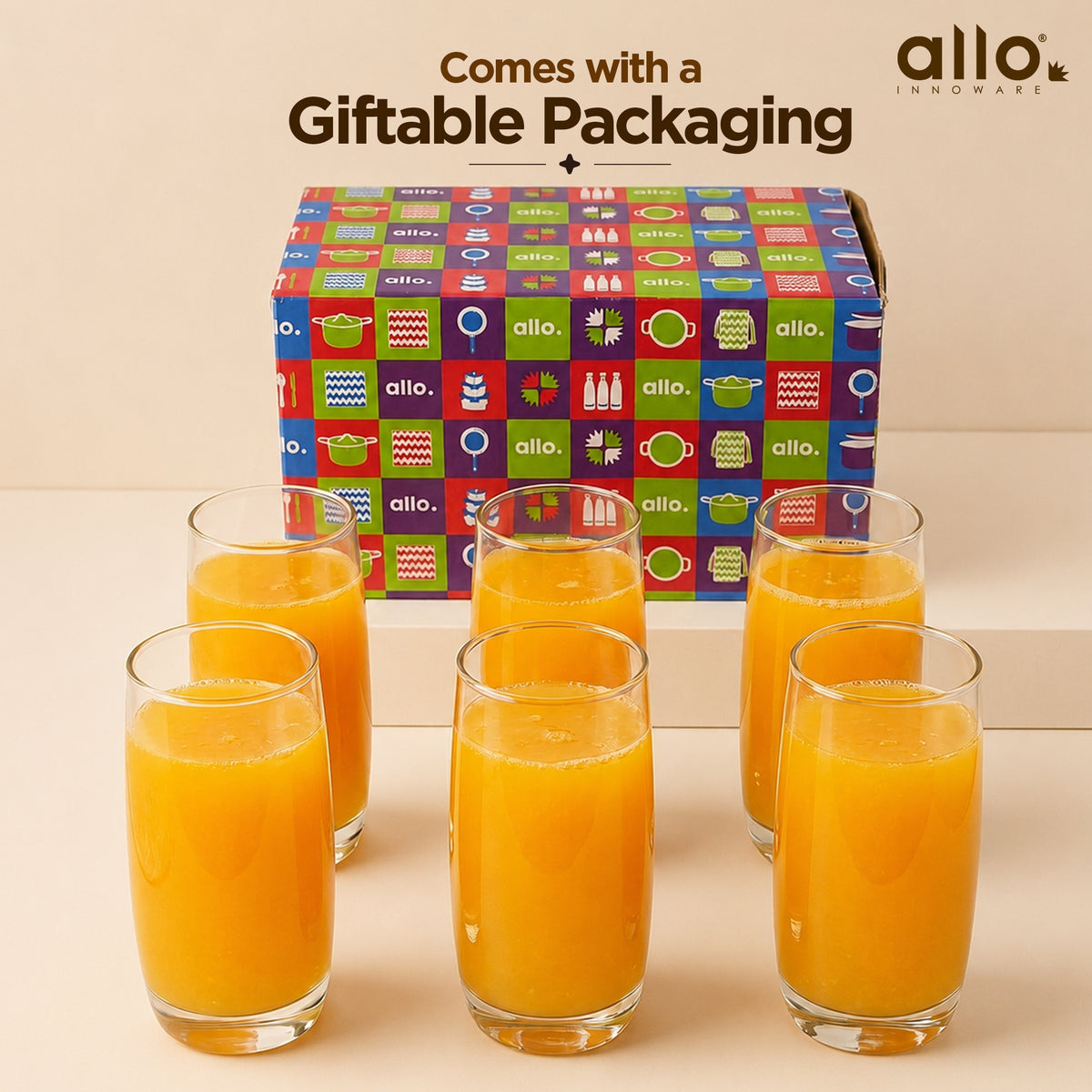 Allo Premium Glass Set Of 6, 250 ml, Latest Design Glasses For Water, Juice, Whisky, Cold Drink | Perfect For Home, Restaurants & Parties, Gift Set Packaging | Transparent Tapered Glass