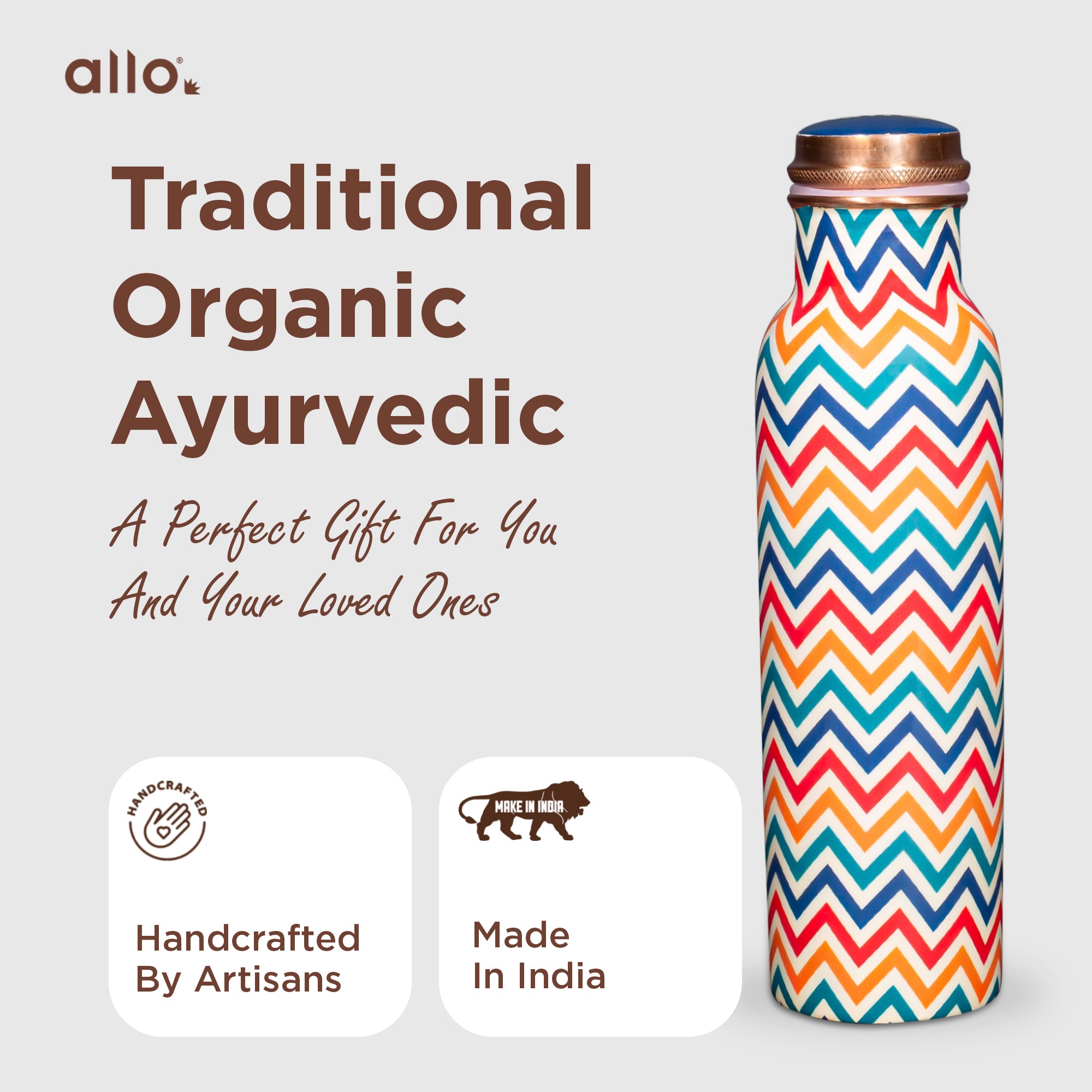 Allo Pure Copper Water Bottle 1 Litre Copper Bottle | Alkaline and Anti Oxidant | 100% Leak Proof, Office, Gym Bottle, Modern Tamba Bottle for Adults, Best Gift for Diwali (Chevron, MultiColor)