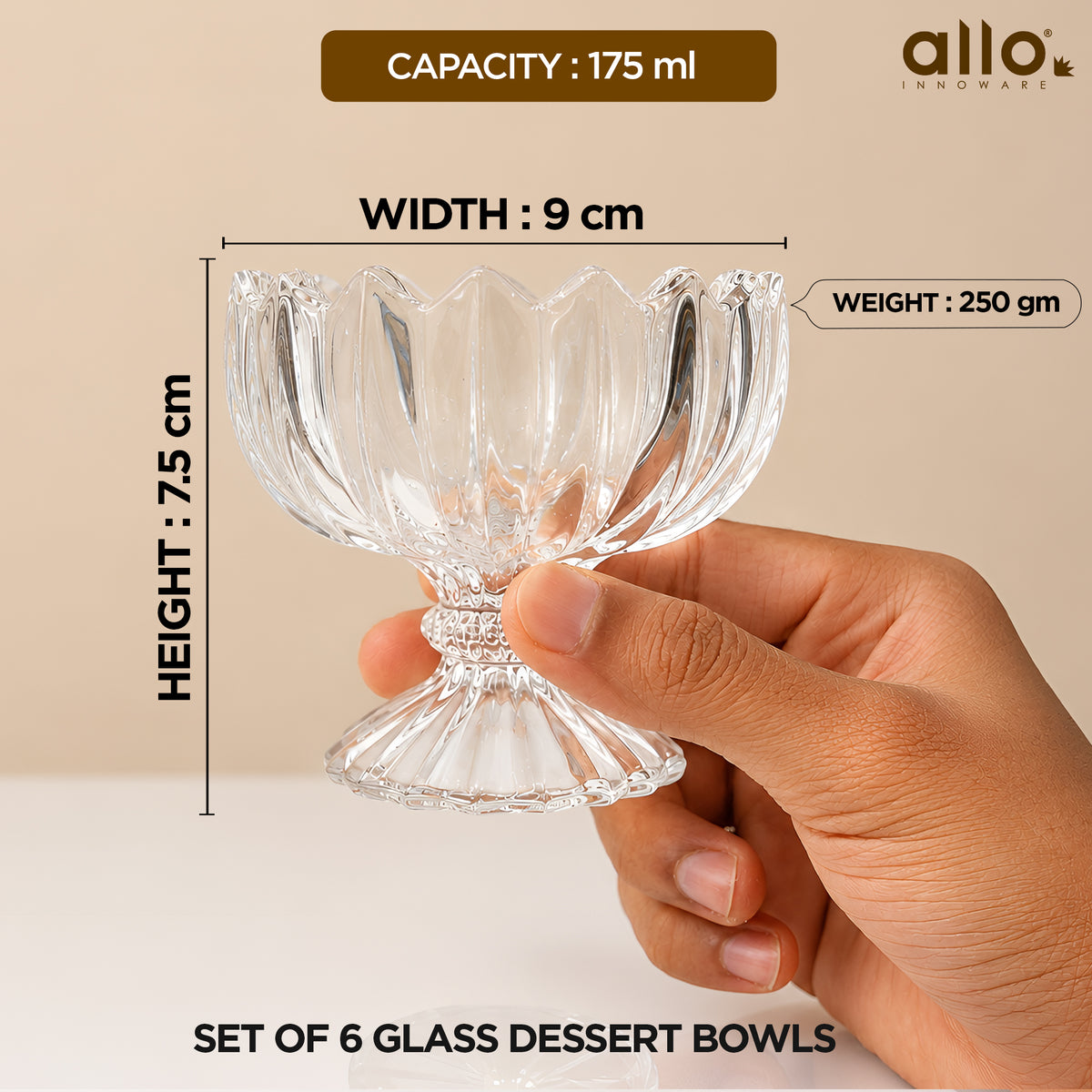 Allo Glass Ice Cream Bowl Set Of 6, 240 ml, Dessert Glasses For Icecream, Pudding, Candy, Snacks, Dates, Dry Fruit | Cups For Gifting And Serving, Gift Set Packaging | Petal Edge Dessert Bowl