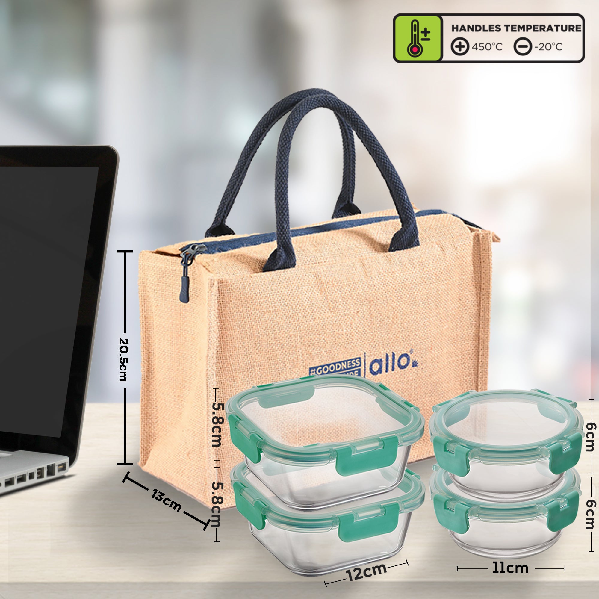 Allo Food Safe Glass Lunch Box With Break Free Detachable Lock, 450°C Microwave Safe Lunch Box, Borosilicate Glass Tiffin For Office With Jute Tiffin Bag, Set Of 4, 215Ml X 2 & 310Ml X 2, Beige